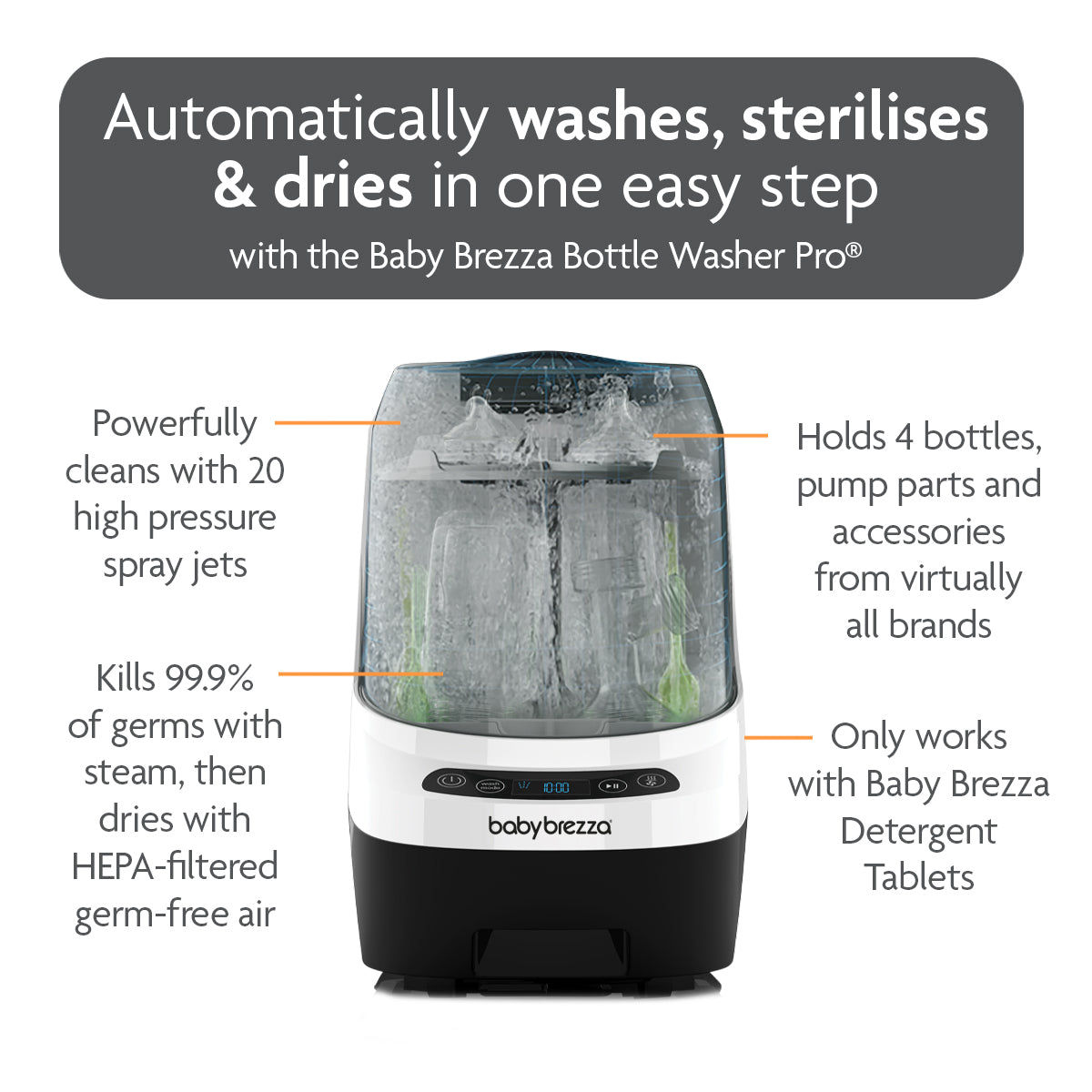 The Baby Brezza UK BUNDLE: Bottle Washer Pro + Detergent Tablets (120pcs) in White and Black holds 4 bottles, sterilises, dries, kills 99.9% of germs, and uses only Baby Brezza detergent tablets for optimal cleaning. - product thumbnail