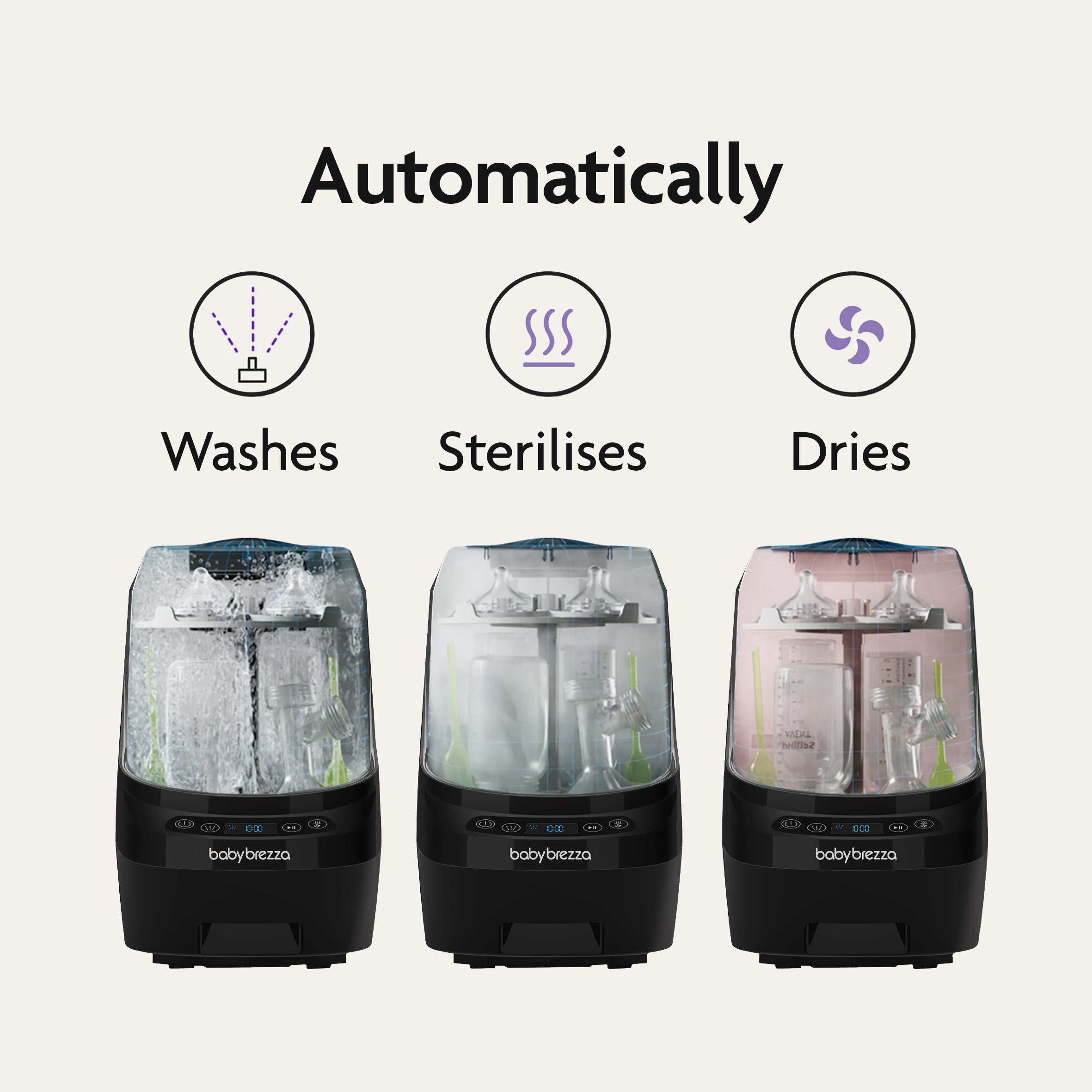 #variant_black Baby Brezza bottle washer with 'Washes', 'Sterilises', and 'Dries' functions on a white background. - product thumbnail