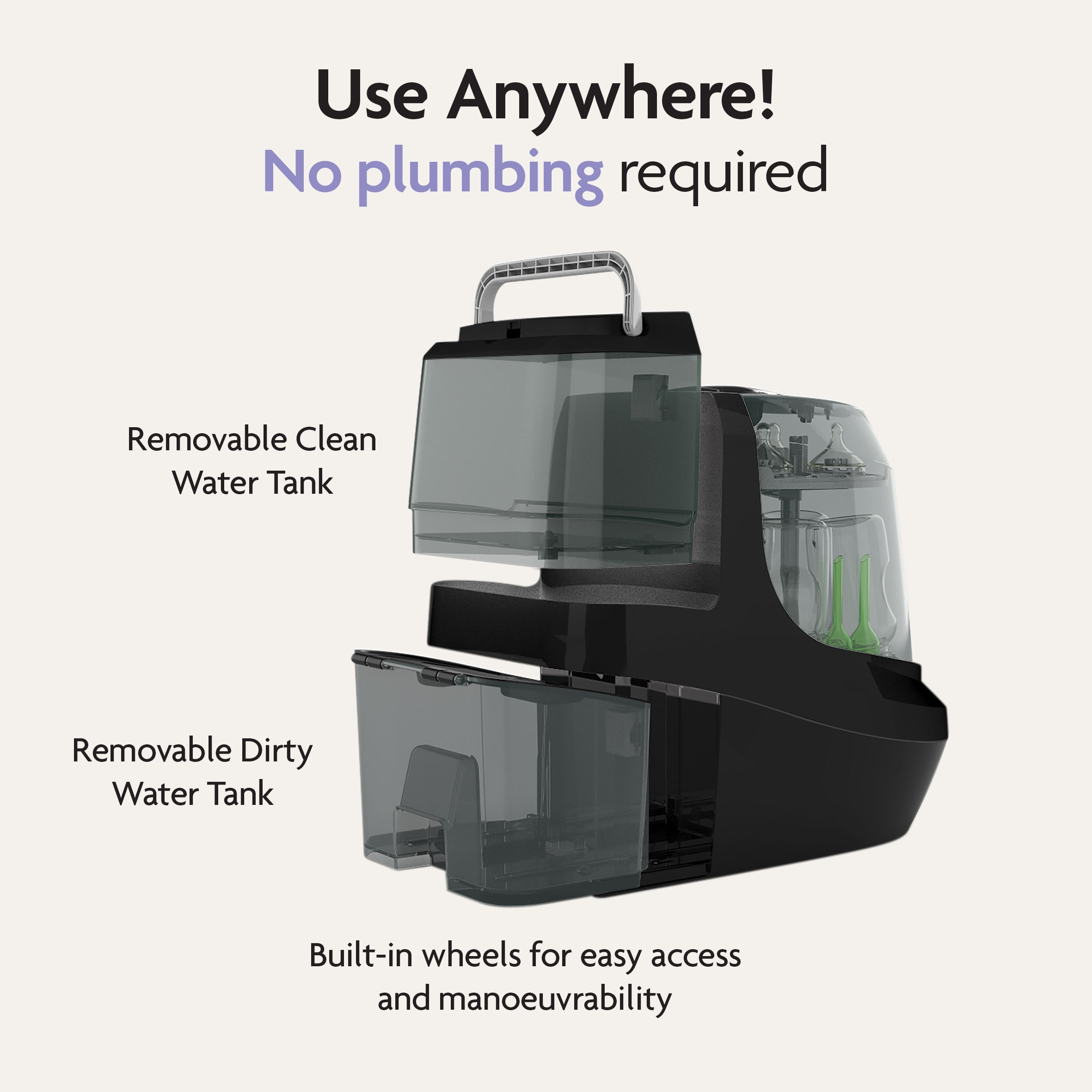 #variant_black The Baby Brezza UK Bottle Washer Pro is an all-in-one washer, steriliser, and dryer with labelled clean/dirty water tanks, built-in wheels, and no plumbing required—removes 100% of milk residue for easy cleaning anywhere!. - product thumbnail