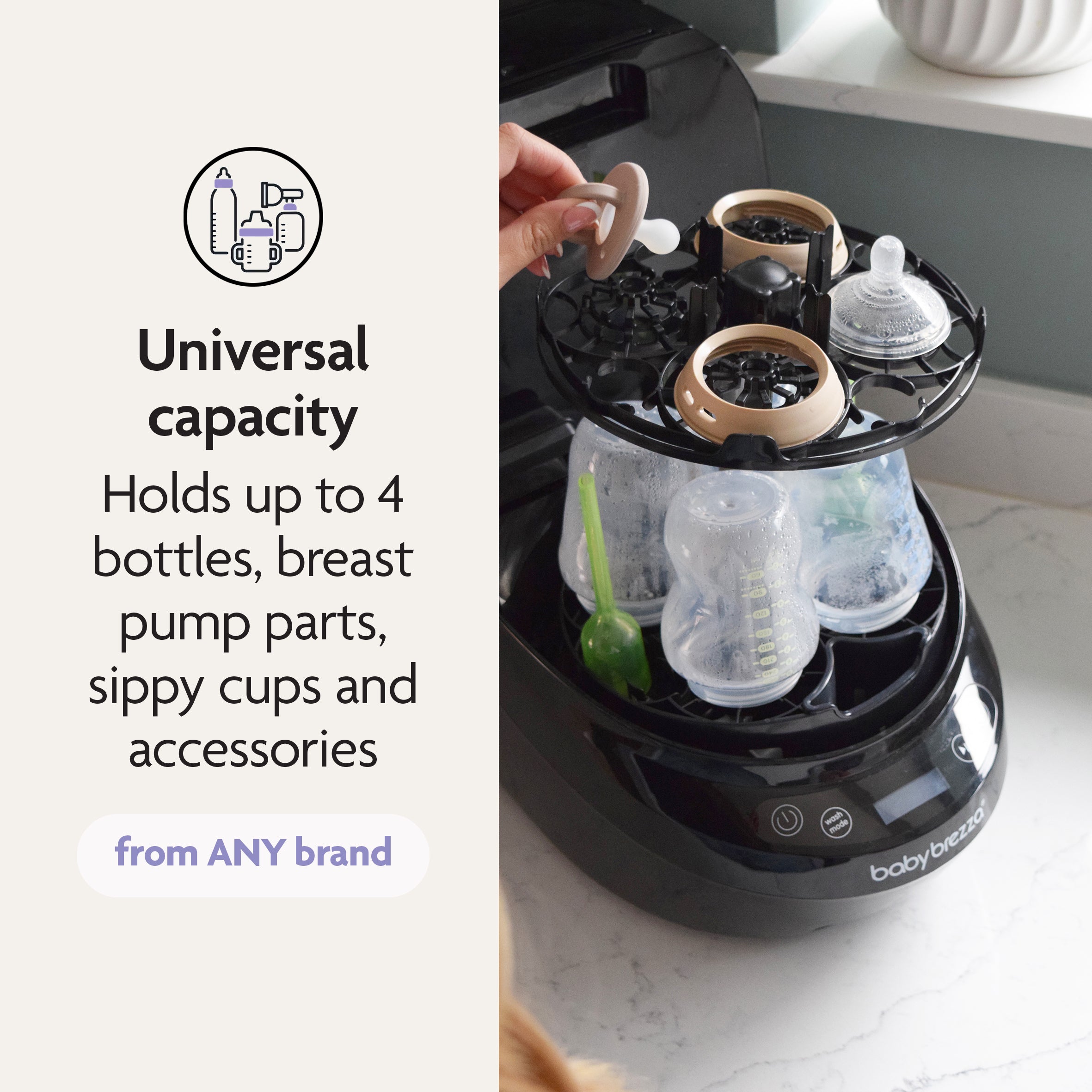#variant_black A person loads bottles, breast pump parts, and accessories into the black Baby Brezza UK Bottle Washer Pro, an all-in-one washer, steriliser, and dryer that fits any brand’s items and removes 100% of milk residue. - product thumbnail