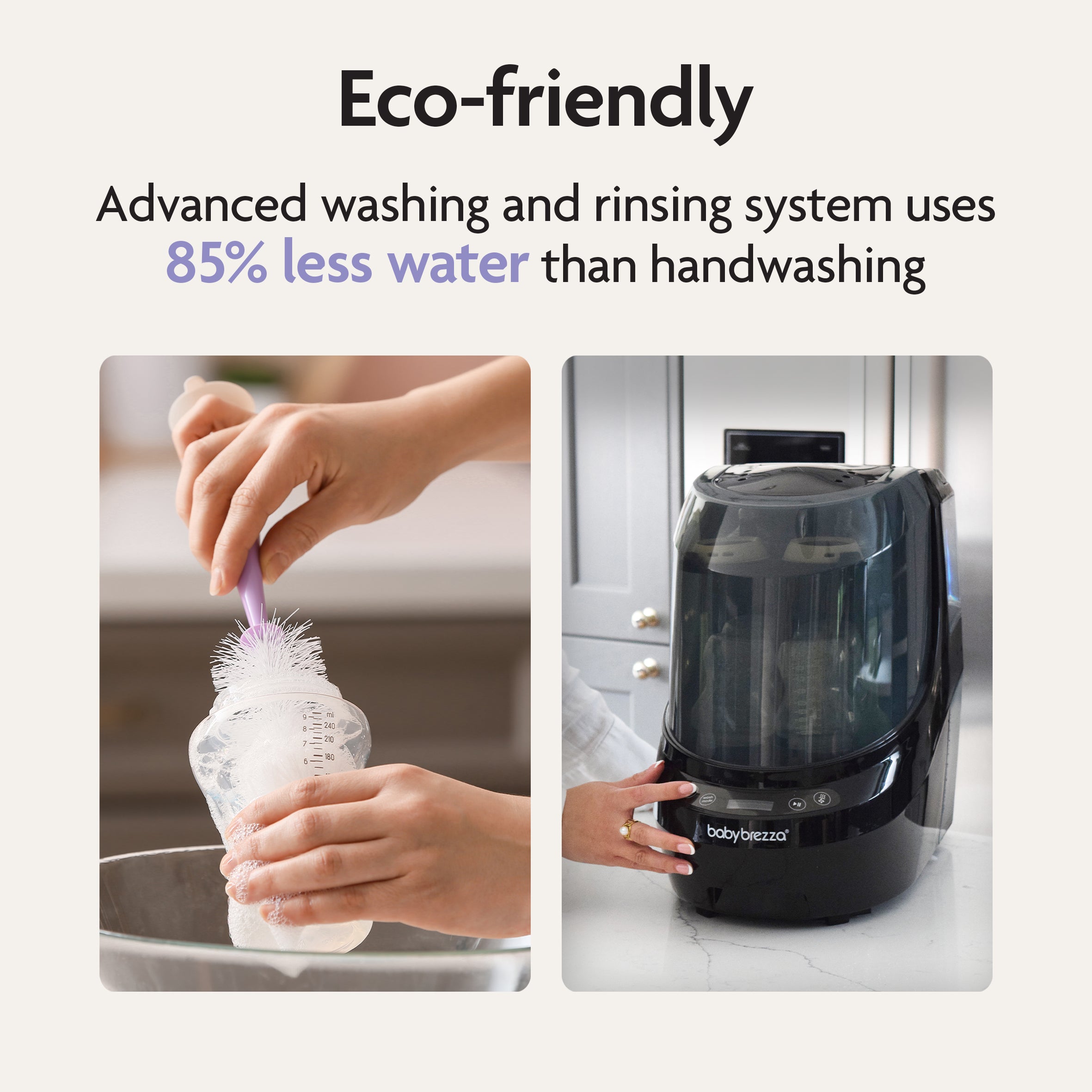 #variant_black Two images: one of handwashing a baby bottle; another loading a bottle into the Baby Brezza UK Bottle Washer Pro. This all-in-one washer, steriliser & dryer removes 100% of milk residue and uses 85% less water than handwashing. - product thumbnail