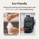 Left: Hand washes a baby bottle with a brush under running water. Right: A person uses the Baby Brezza UK Bottle Washer Pro - All In One Washer, Steriliser, Dryer, which uses 85% less water than handwashing. - product thumbnail