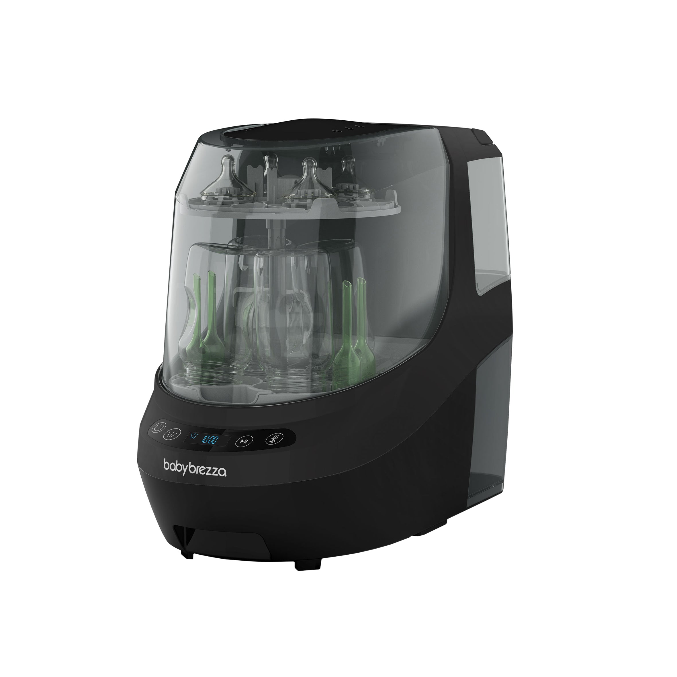 The Baby Brezza UK Bottle Washer Pro, an all-in-one washer, steriliser, and dryer with a transparent lid, efficiently removes 100% of milk residue from baby bottles and accessories. - product thumbnail