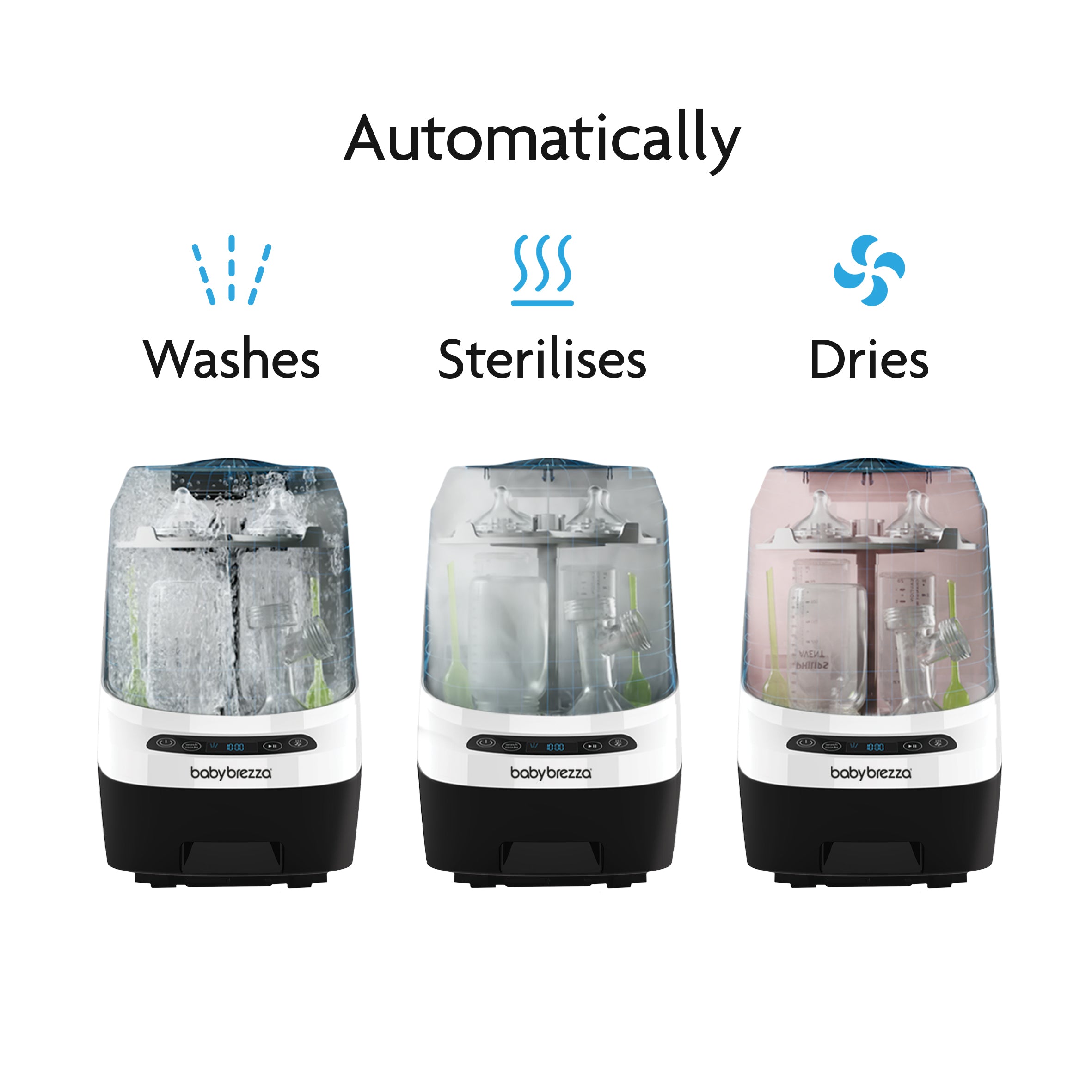 The Baby Brezza UK Perfect Bottle Prep Bundle, featuring the Formula Pro Advanced (black) and Bottle Washer Pro, showcases machines that automatically wash, sterilise, and dry baby bottles. Icons above each unit highlight: Washes, Sterilises, Dries. - product thumbnail