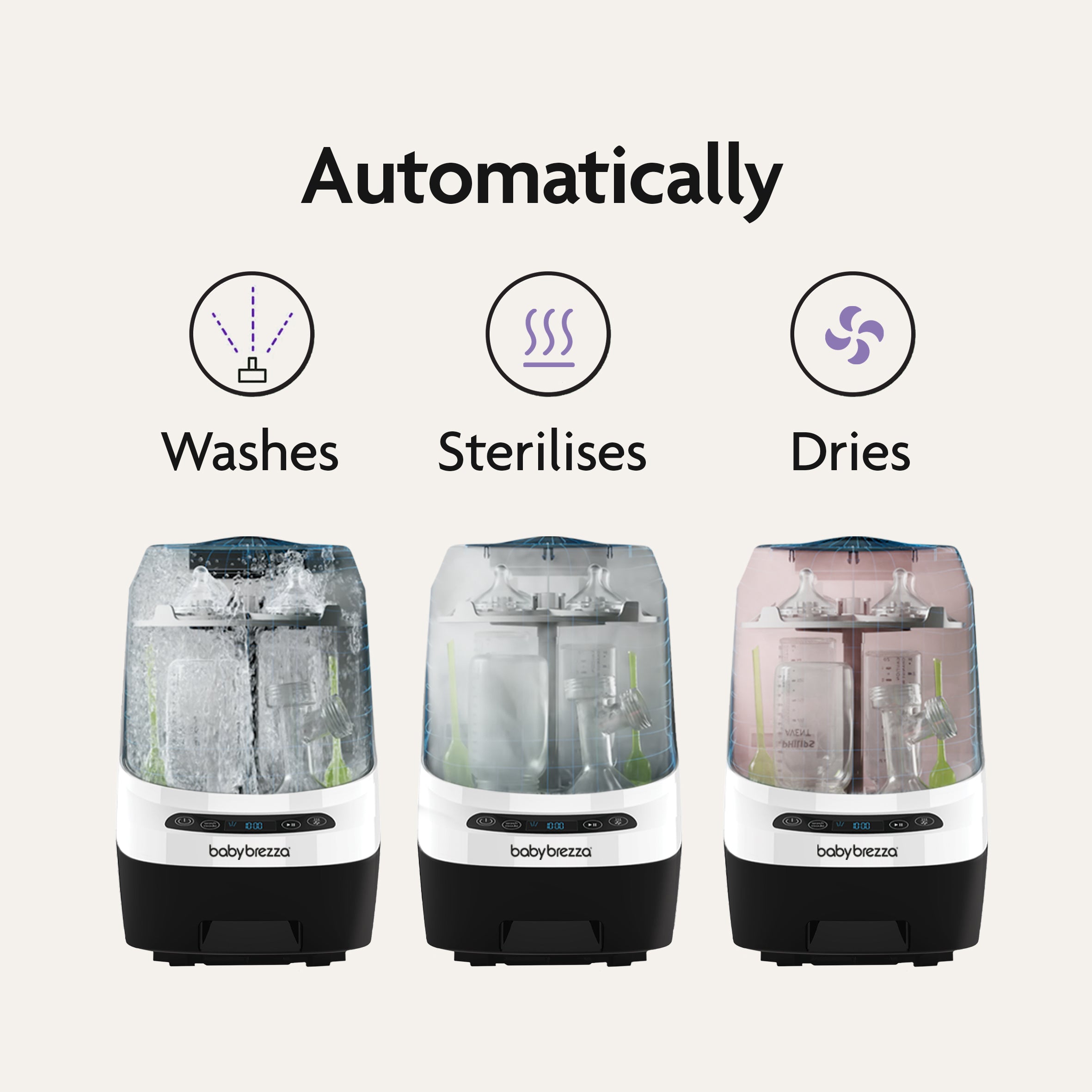 #variant_white Three Baby Brezza UK Bottle Washer Pro machines side by side, each displaying a different function: this all-in-one washer, steriliser, and dryer removes 100% of milk residue. Icons above read Automatically Washes, Sterilises, Dries. - product thumbnail