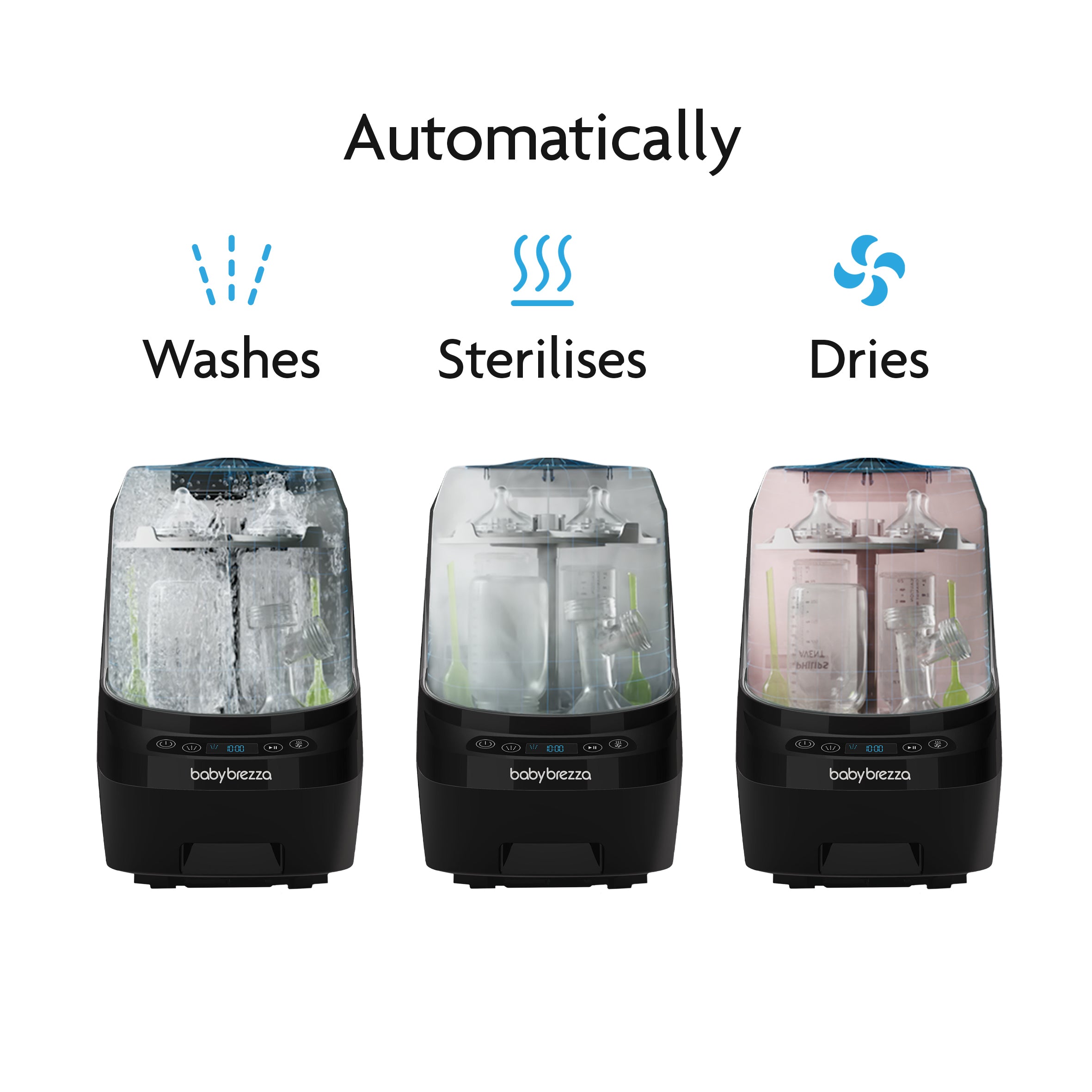 The Baby Brezza UK BUNDLE: Bottle Washer Pro, Detergent Tablets (120pcs) + HEPA Filter - All Black automatically washes, sterilises, and dries bottles with a built-in HEPA filter for cleaner air; the Baby Brezza logo is shown on each unit. - product thumbnail
