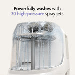 The Baby Brezza UK Bottle Washer Pro - All In One Washer, Steriliser, Dryer uses 20 high-pressure spray jets for powerful cleaning. Text reads: "Powerfully washes with 20 high-pressure spray jets. - product thumbnail