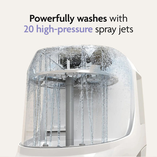 The Baby Brezza UK Bottle Washer Pro - All In One Washer, Steriliser, Dryer uses 20 high-pressure spray jets for powerful cleaning. Text reads: "Powerfully washes with 20 high-pressure spray jets. - product thumbnail