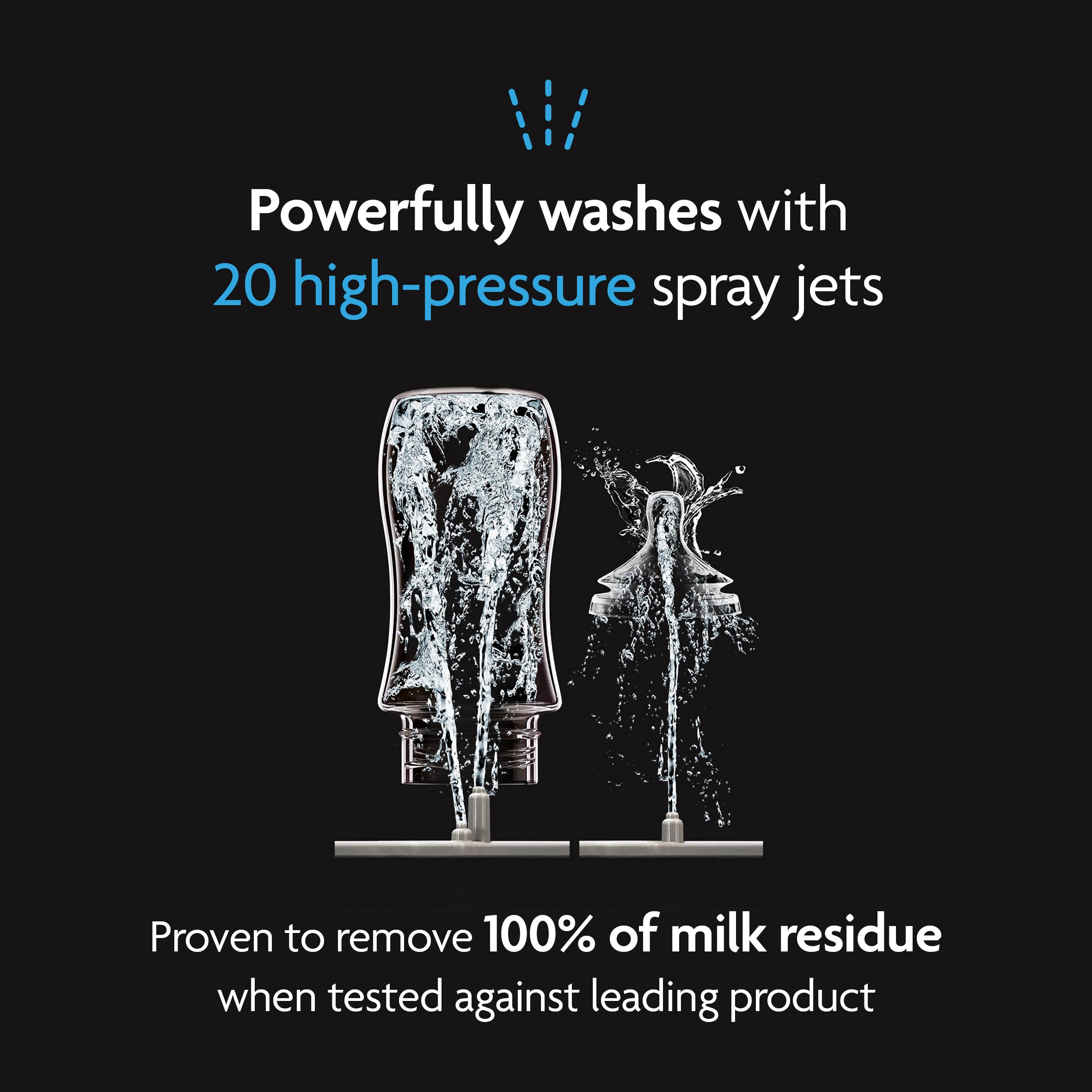 The Baby Brezza UK BUNDLE: Bottle Washer Pro + ALL Accessories cleans two bottles with 20 high-pressure spray jets for powerful cleaning. The left bottle receives more jets, ensuring 100% milk residue removal. - product thumbnail