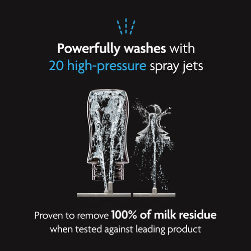 The Baby Brezza UK BUNDLE: Bottle Washer Pro + ALL Accessories cleans two bottles with 20 high-pressure spray jets for powerful cleaning. The left bottle receives more jets, ensuring 100% milk residue removal. - product thumbnail