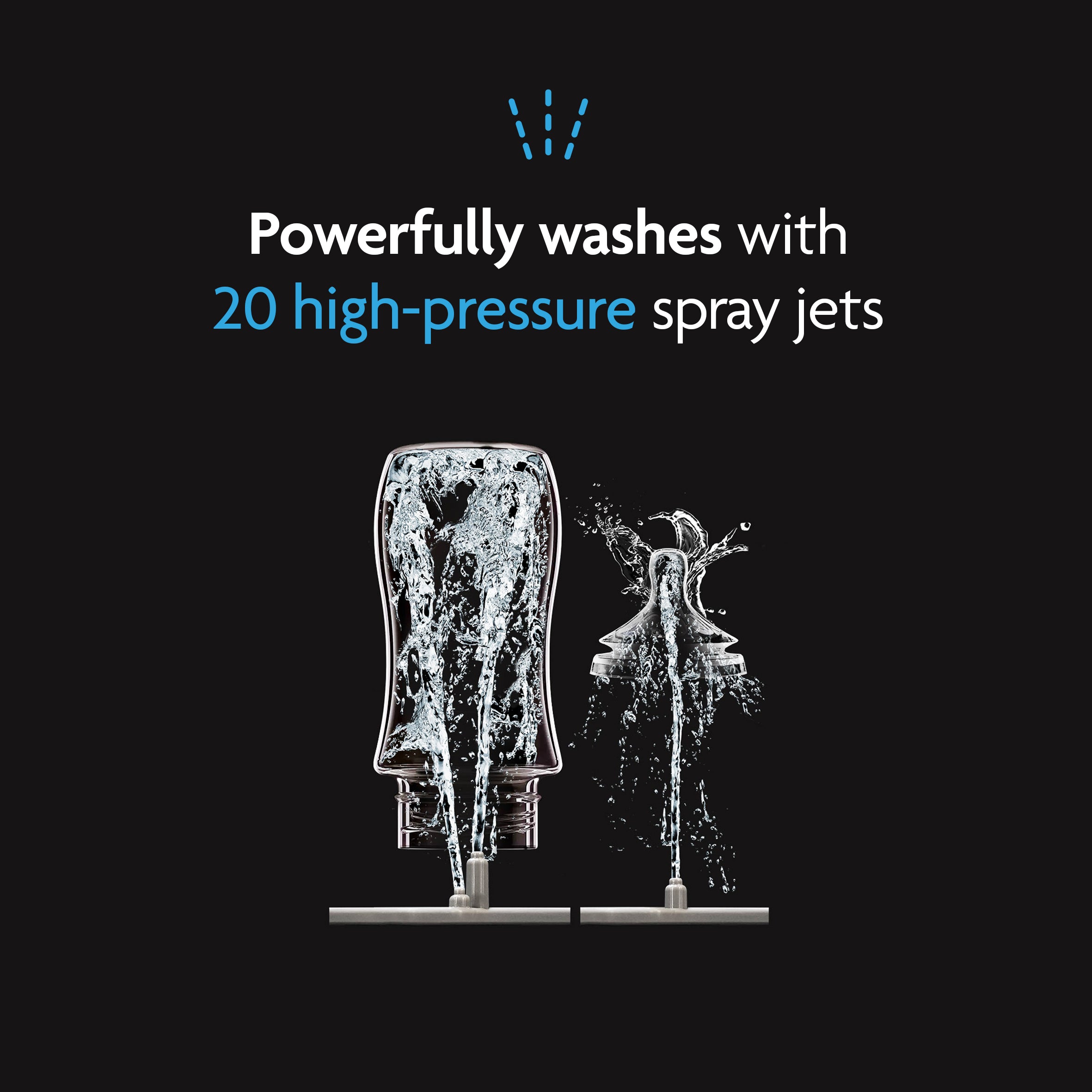 Two bottles are washed by powerful water jets, showcasing the Baby Brezza UK BUNDLE: Bottle Washer Pro, Detergent Tablets (120pcs) + Hepa Filter - All Black, which cleans bottles with 20 high-pressure spray jets. Text: Powerfully washes with 20 high-pressure jets. - product thumbnail