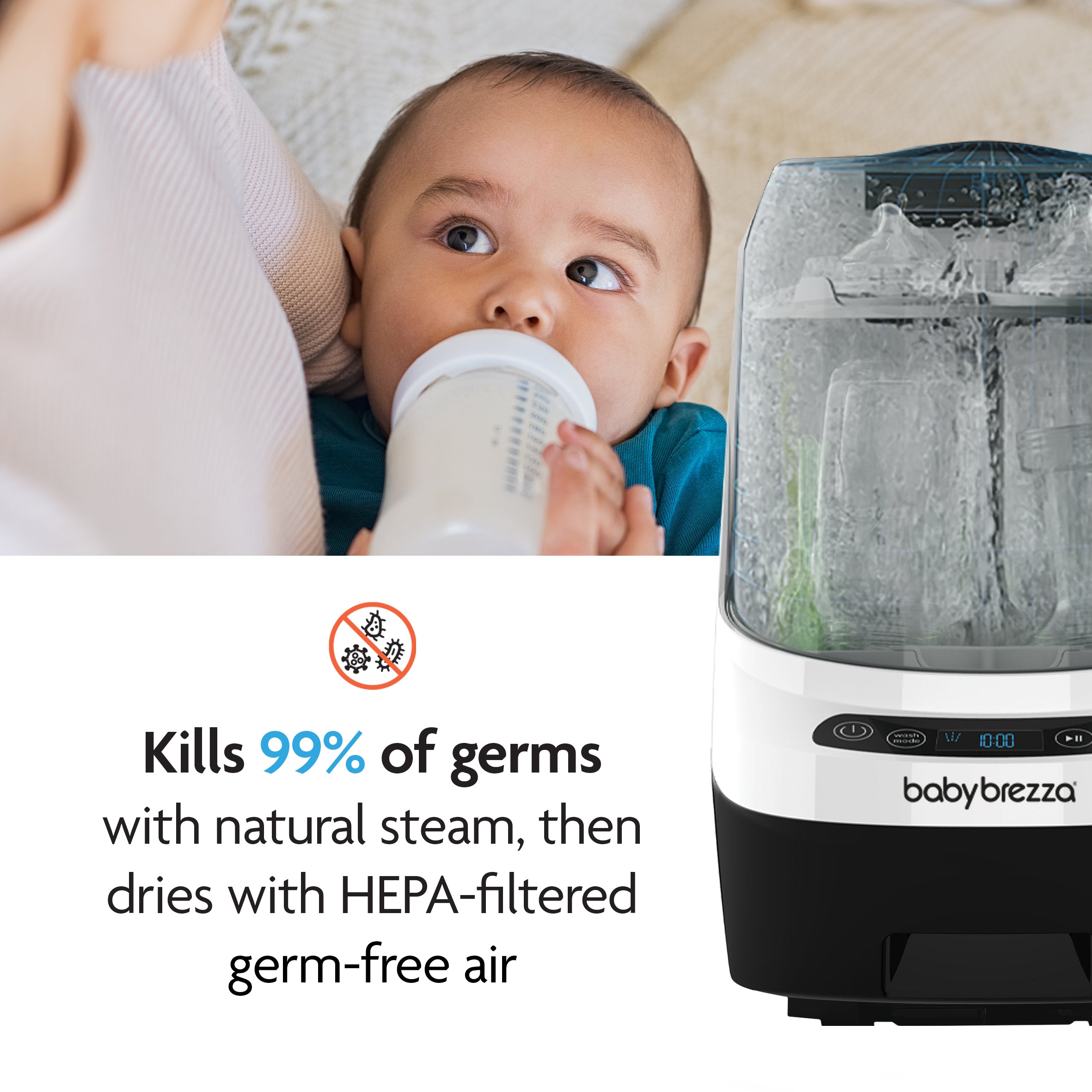 A baby drinks from a bottle with an adult, next to the Baby Brezza UK PERFECT BOTTLE PREP BUNDLE: Formula Pro Advanced + Bottle Washer Pro. Text: Kills 99% of germs with natural steam, then dries bottles with HEPA-filtered air. - product thumbnail