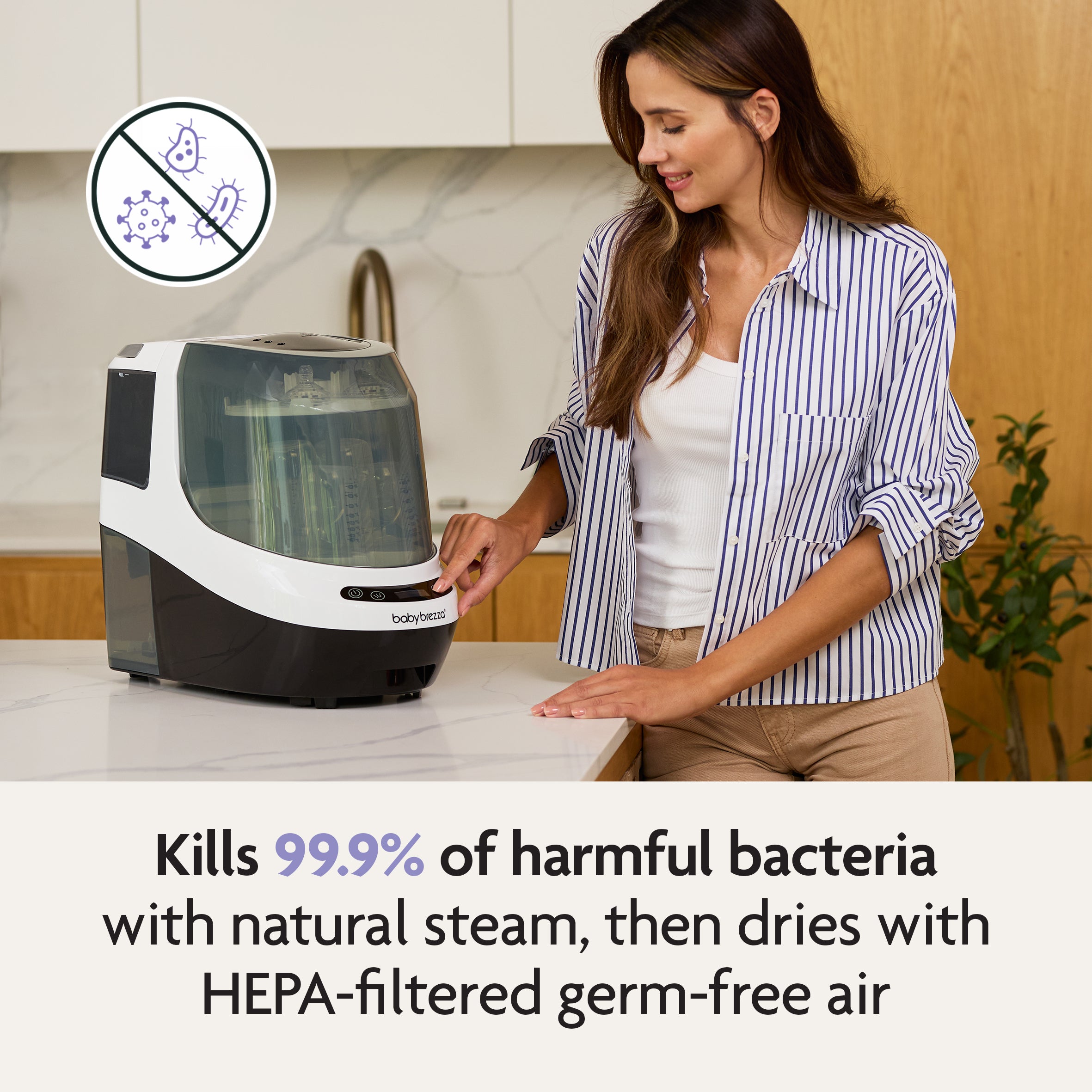 #variant_white A woman uses the Baby Brezza UK Bottle Washer Pro—All In One Washer, Steriliser, Dryer—which removes 100% of milk residue, kills 99.9% of harmful bacteria with natural steam, and dries bottles with HEPA-filtered air. - product thumbnail