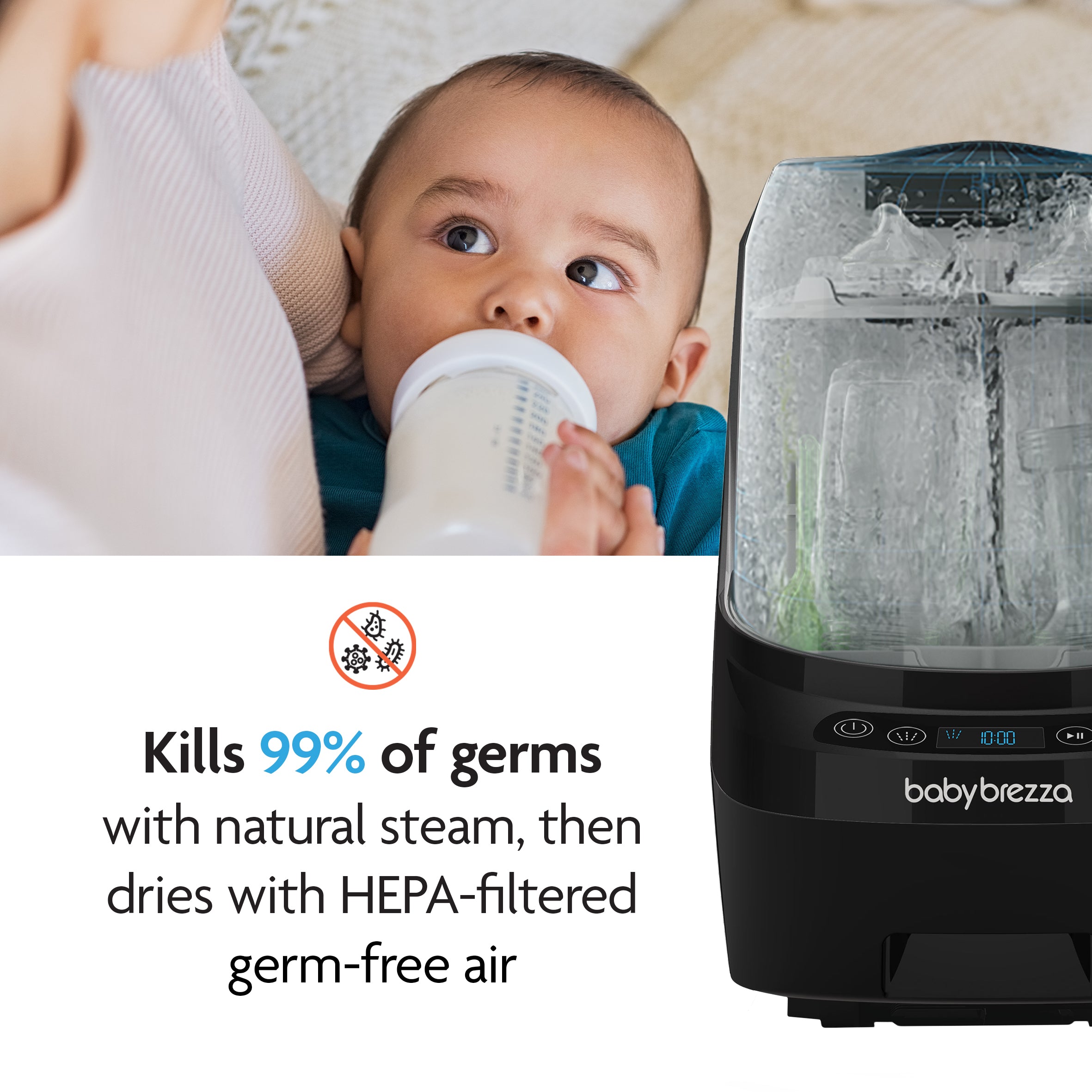 A baby drinks from a bottle while sitting on an adult’s lap. In the foreground, the Baby Brezza UK BUNDLE: Bottle Washer Pro, Detergent Tablets (120pcs) + HEPA Filter - All Black is shown. Text: Kills 99% of germs with natural steam, then dries with germ-free air. - product thumbnail