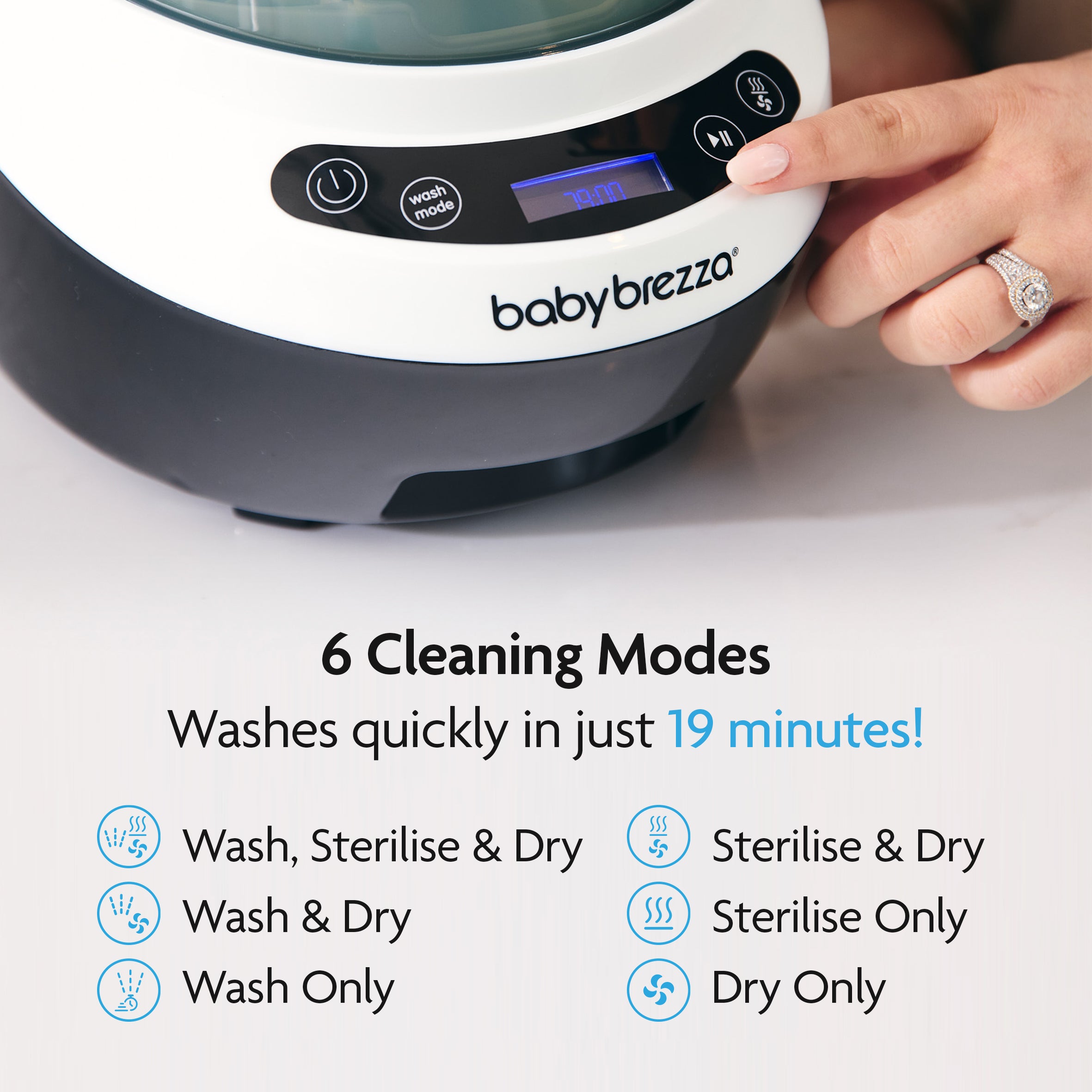 A hand presses a button on the Baby Brezza UK BUNDLE: Bottle Washer Pro, Detergent Tablets (120pcs) + HEPA Filter - All Black. Six cleaning modes listed below. Includes HEPA filter for extra cleanliness. - product thumbnail