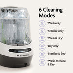 The Baby Brezza UK Bottle Washer Pro – All In One Washer, Steriliser, Dryer is shown cleaning bottles with water spray. Six modes—Wash only, Sterilise only, Wash & dry, Dry only, Sterilise & dry—make it the ultimate baby bottle care solution. - product thumbnail