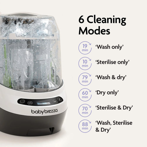 The Baby Brezza UK Bottle Washer Pro – All In One Washer, Steriliser, Dryer is shown cleaning bottles with water spray. Six modes—Wash only, Sterilise only, Wash & dry, Dry only, Sterilise & dry—make it the ultimate baby bottle care solution. - product thumbnail