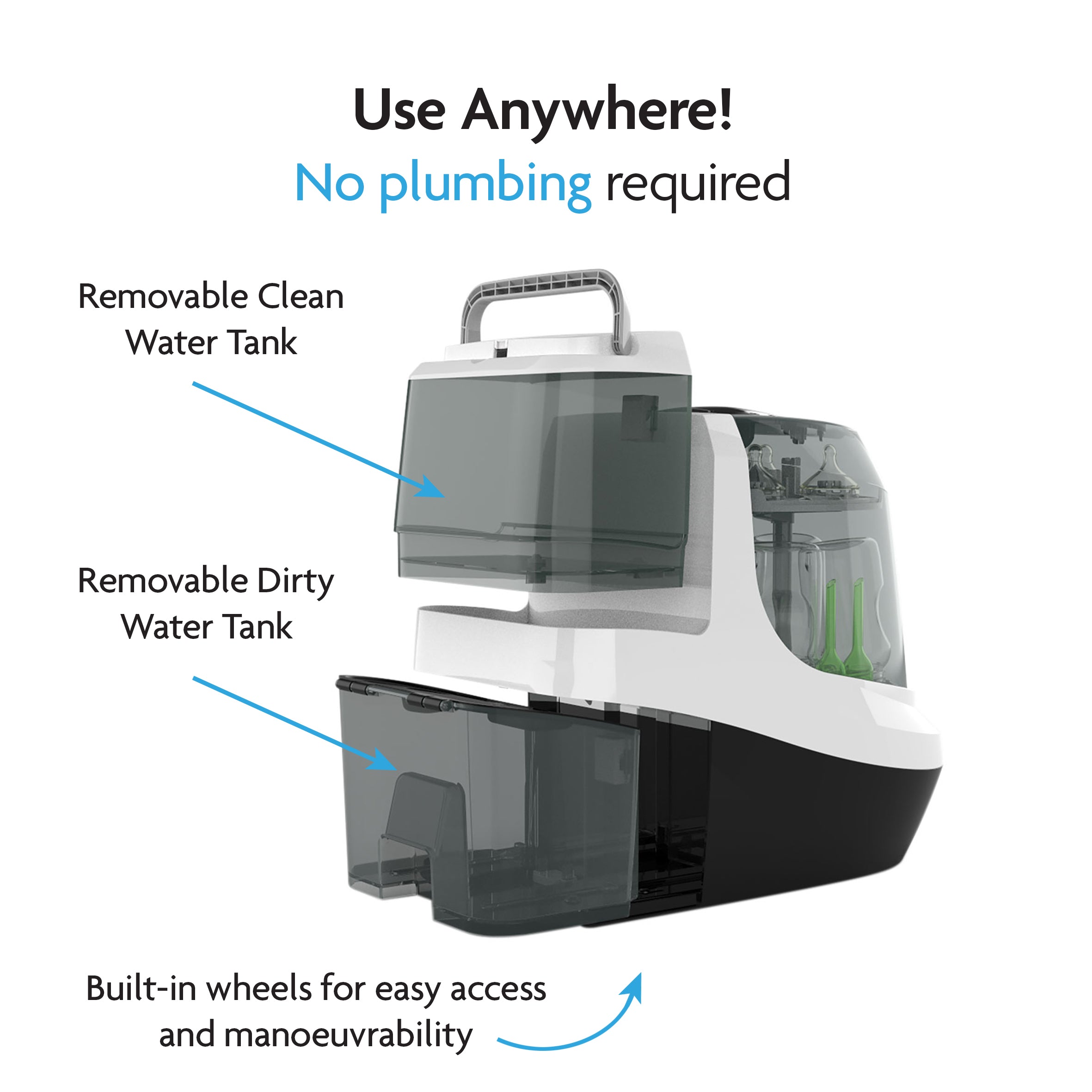The Baby Brezza UK PERFECT BOTTLE PREP BUNDLE: Formula Pro Advanced, Black + Bottle Washer Pro features labeled removable tanks, built-in wheels, and easy use anywhere—no plumbing required. Ideal as a baby bottle warmer or automatic formula maker. - product thumbnail