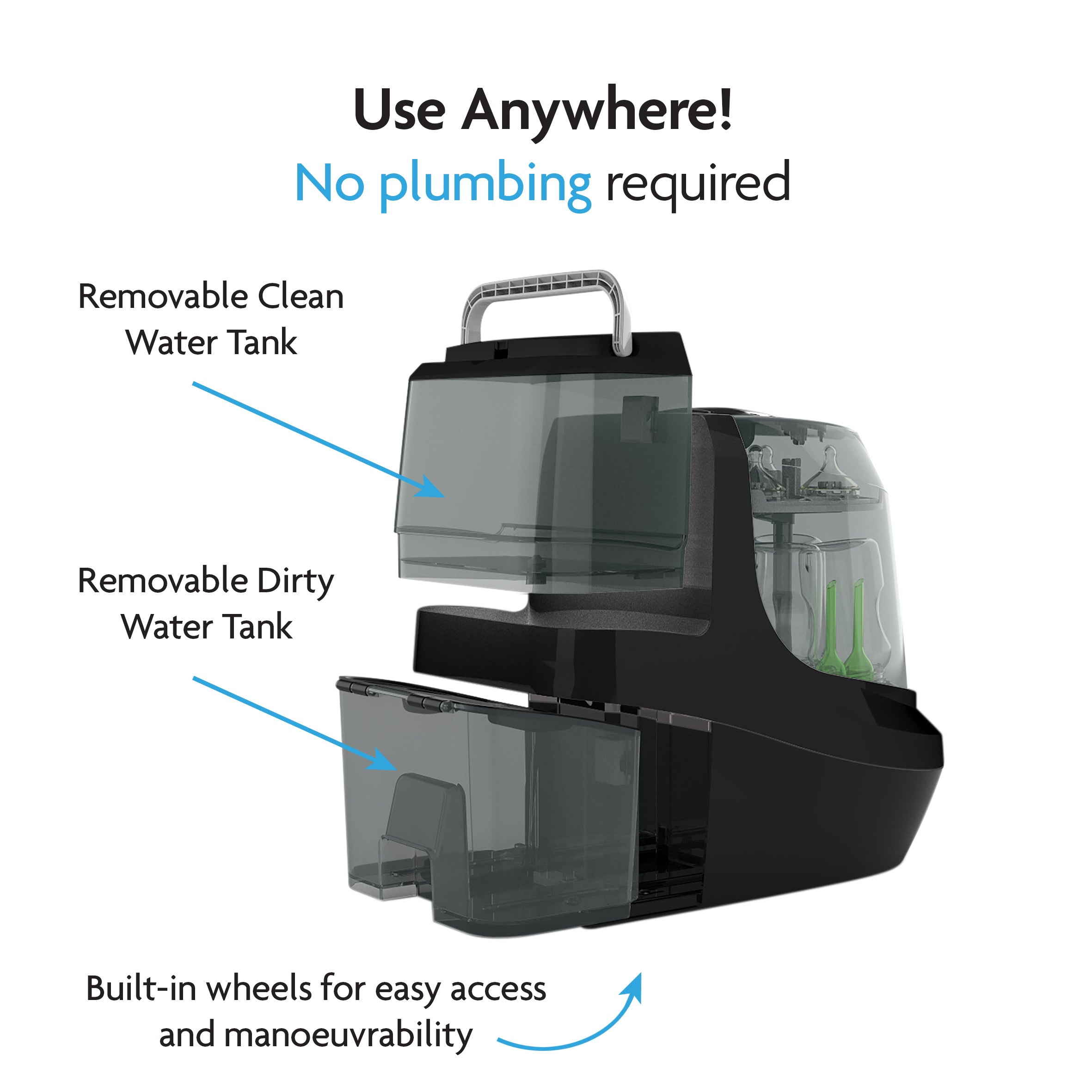Image of the Baby Brezza UK BUNDLE: Bottle Washer Pro + 120 Detergent Tablets (All Black) showing labeled parts: top clean water tank, bottom dirty water tank, built-in wheels, and detergent tablet compartment. Use anywhere—no plumbing needed. - product thumbnail