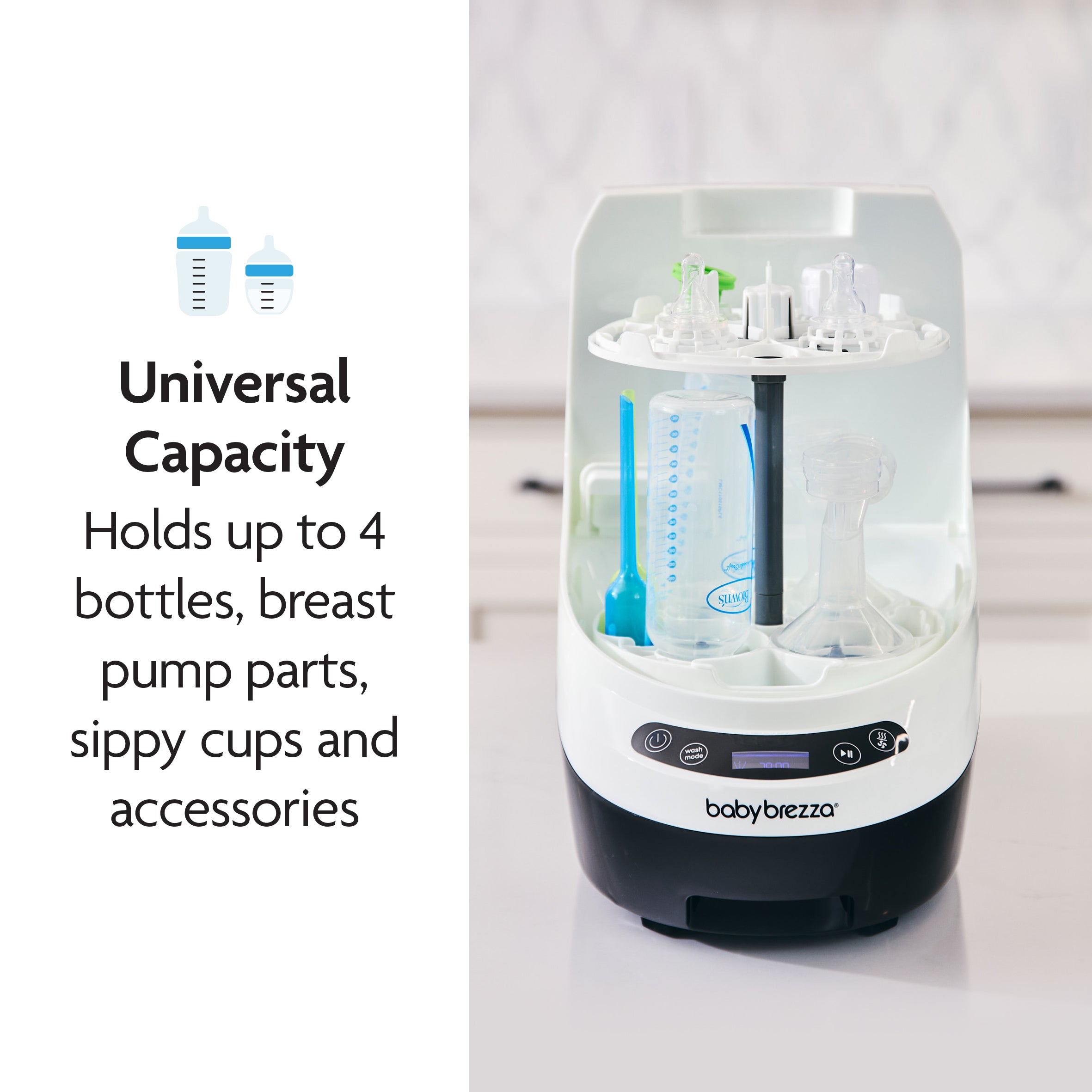 A Baby Brezza UK PERFECT BOTTLE PREP BUNDLE—Formula Pro Advanced, Black + Bottle Washer Pro—sits on a countertop, holding up to 4 bottles, pump parts, sippy cups & accessories. Universal capacity for all your feeding needs. - product thumbnail