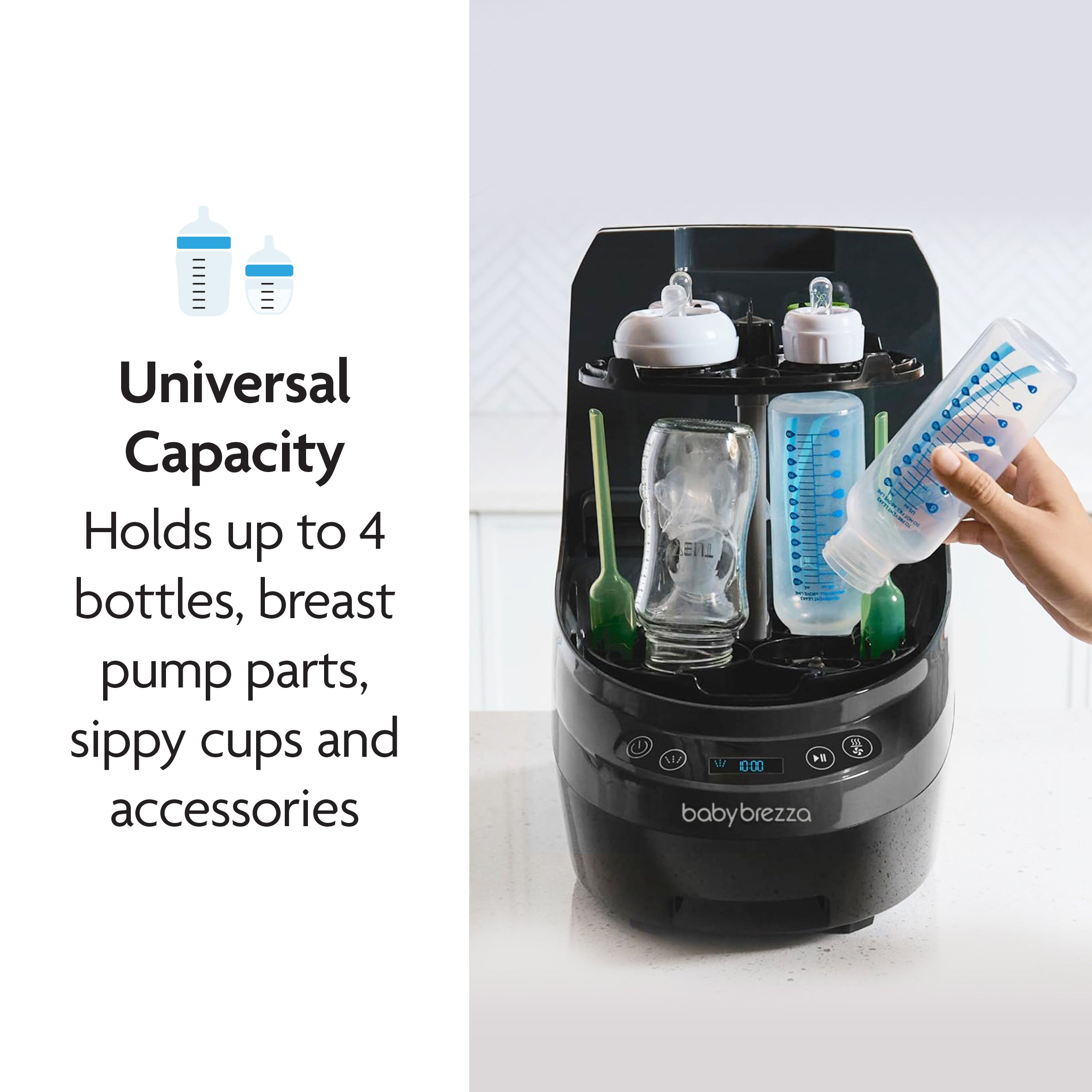 A Baby Brezza UK BUNDLE: Bottle Washer Pro + Detergent Tablets (120pcs) in all black holds up to 4 bottles, breast pump parts, sippy cups, and accessories as a hand places a bottle inside. - product thumbnail