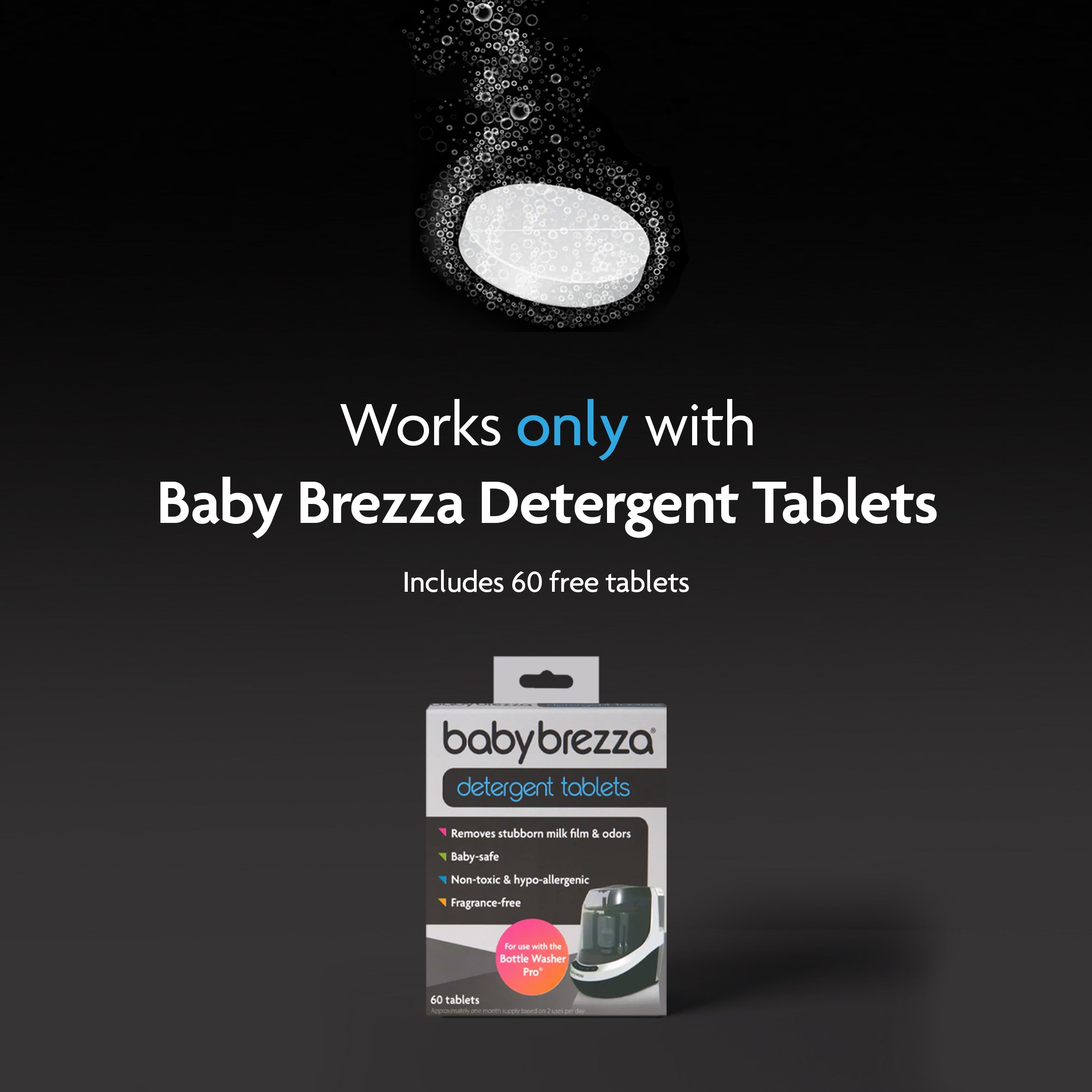 A spotlight shines on the PERFECT BOTTLE PREP BUNDLE: Formula Pro Advanced, Black + Bottle Washer Pro by Baby Brezza UK. Text reads: Works only with Baby Brezza Detergent Tablets. Includes 60 free fragrance-free, hypoallergenic tablets. - product thumbnail