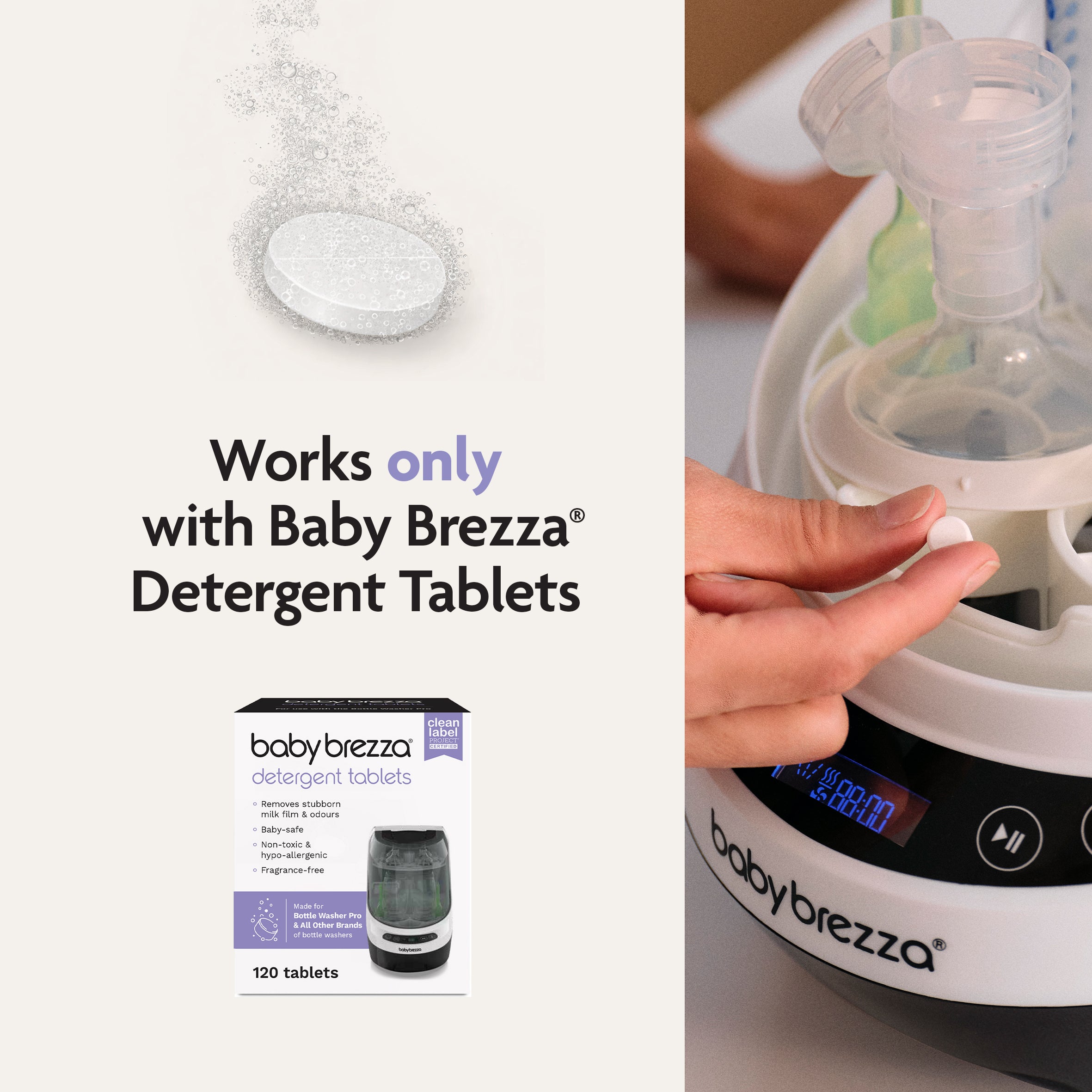 #variant_white A single detergent tablet dissolves. Text: Works only with Baby Brezza UK Bottle Washer Pro—All In One Washer, Steriliser & Dryer that removes 100% of milk residue. Hand places bottles in unit; box of tablets shown. - product thumbnail
