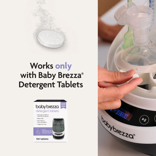 A hand loads bottles and parts into the Baby Brezza UK Bottle Washer Pro - All In One Washer, Steriliser, Dryer. Text says: Works only with Baby Brezza Detergent Tablets. Image shows a tablet and a 120-count box of detergent tablets. - product thumbnail