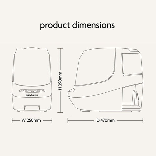 Line drawing of the Baby Brezza UK Bottle Washer Pro - All In One Washer, Steriliser, Dryer with labeled dimensions: height 390mm, width 250mm, depth 470mm. Shown from front and side views. - product thumbnail