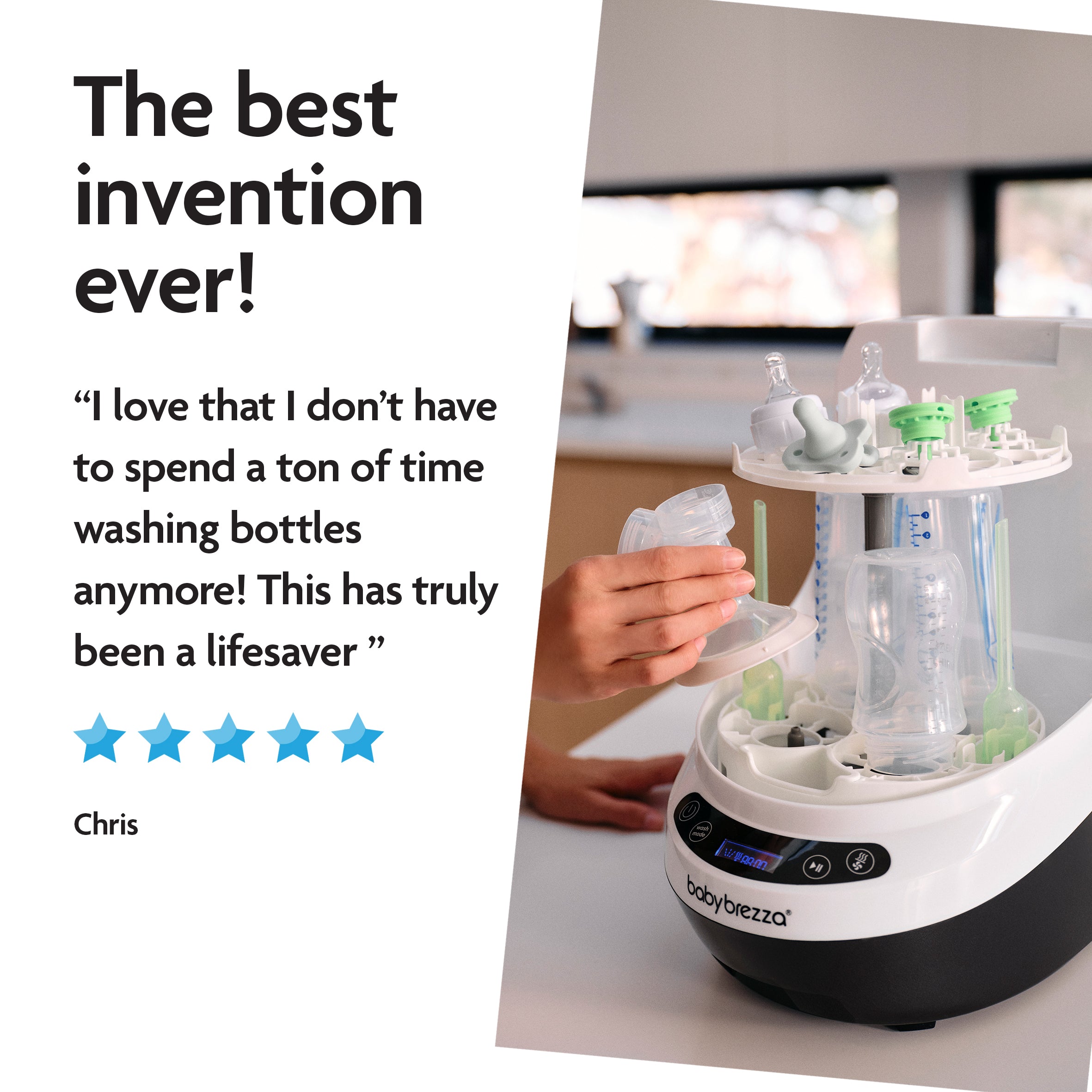 A person uses the Baby Brezza UK PERFECT BOTTLE PREP BUNDLE: Formula Pro Advanced + Bottle Washer Pro on a kitchen counter. A testimonial says, "The best invention ever! I don’t waste time washing bottles!" with 5 blue stars. - product thumbnail