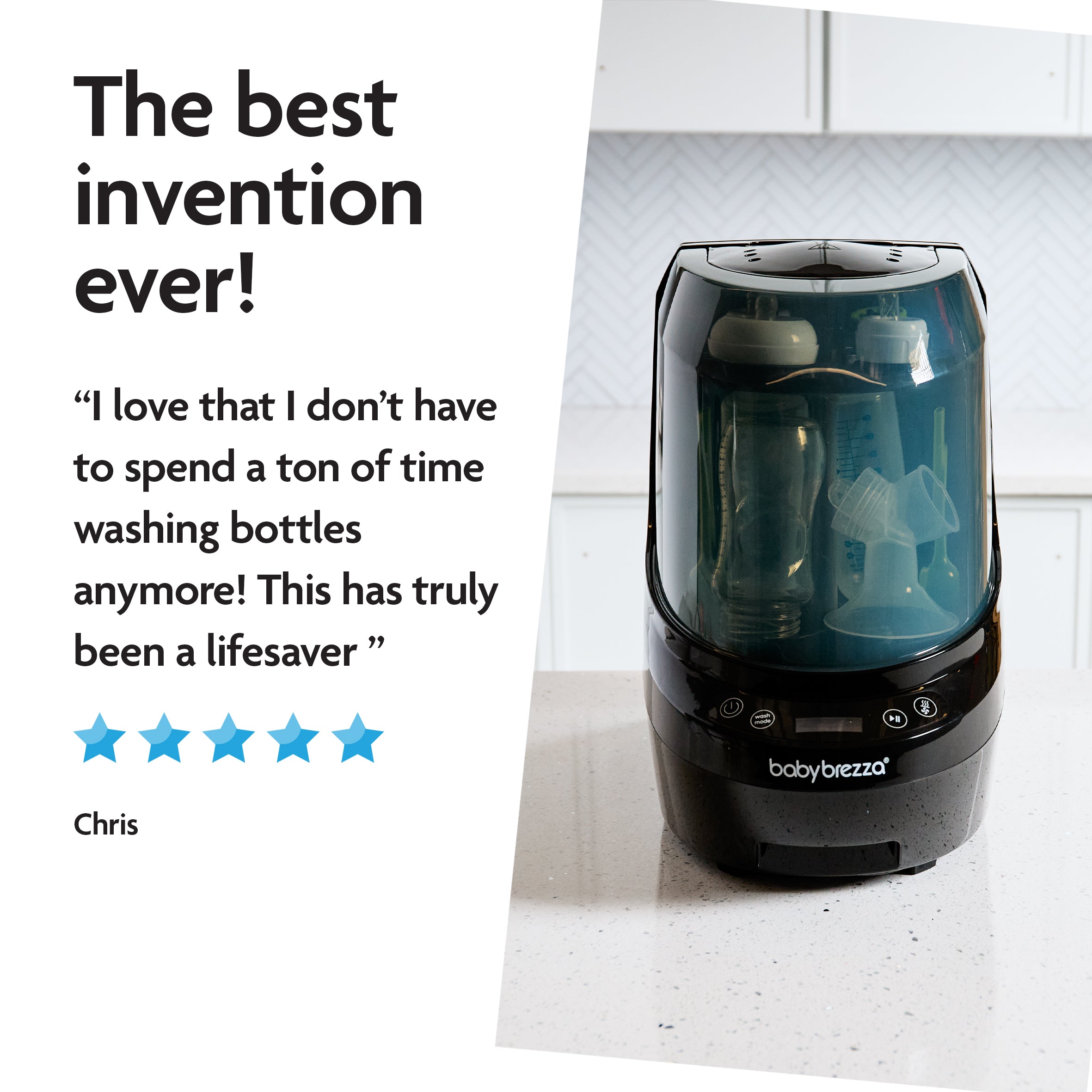 A black Baby Brezza UK BUNDLE: Bottle Washer Pro + Detergent Tablets (120pcs) sits on a kitchen counter. Next to it, Chris’s five-star review reads, “The best invention ever!” with detergent tablets ready for use. - product thumbnail