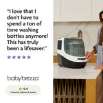 A woman stands in her kitchen by the Baby Brezza UK Bottle Washer Pro - All In One Washer, Steriliser, Dryer. Text: "No more hours spent washing bottles—this is a lifesaver!" 5 purple stars shown and a 4.4-star rating. - product thumbnail