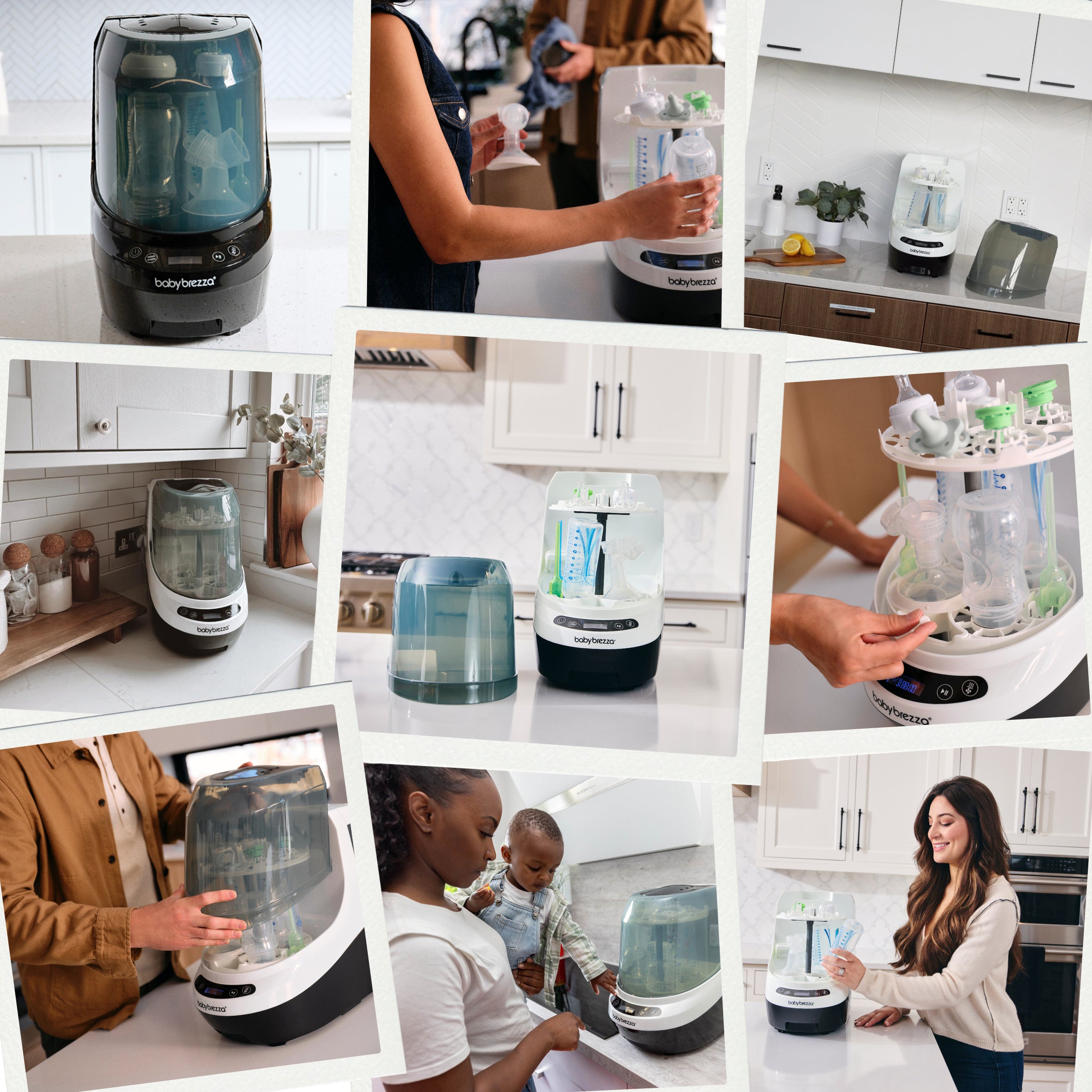 A collage shows families using the Baby Brezza UK Bottle Washer Pro—an all-in-one washer, steriliser, and dryer—to place bottles inside, fill with water, operate it, and easily remove 100% of milk residue in different kitchens. - product thumbnail