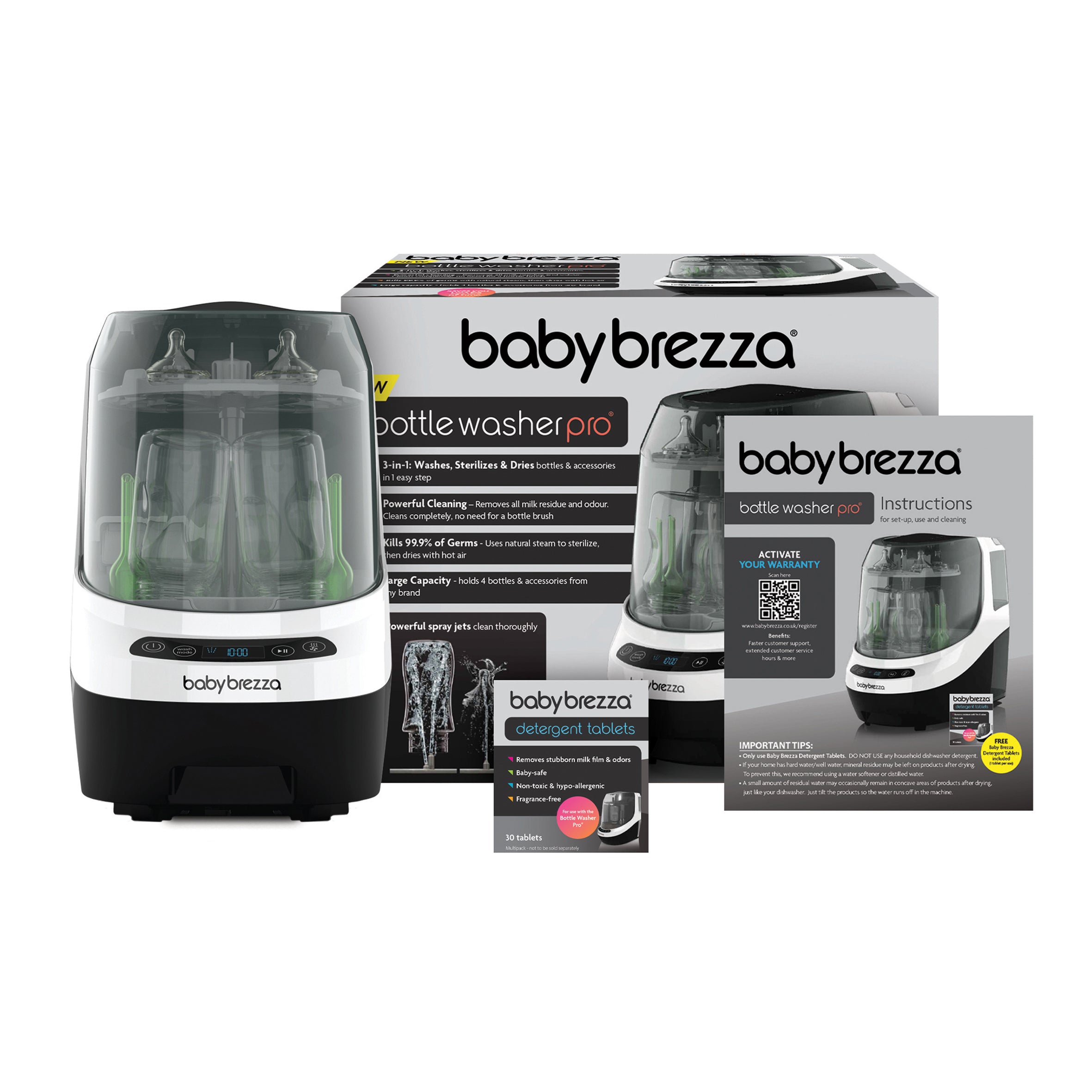 The Baby Brezza UK Bottle Washer Pro - All In One Washer, Steriliser, Dryer removes 100% of milk residue and is shown with its box, instruction manual, and detergent tablets together on a white background. - product thumbnail