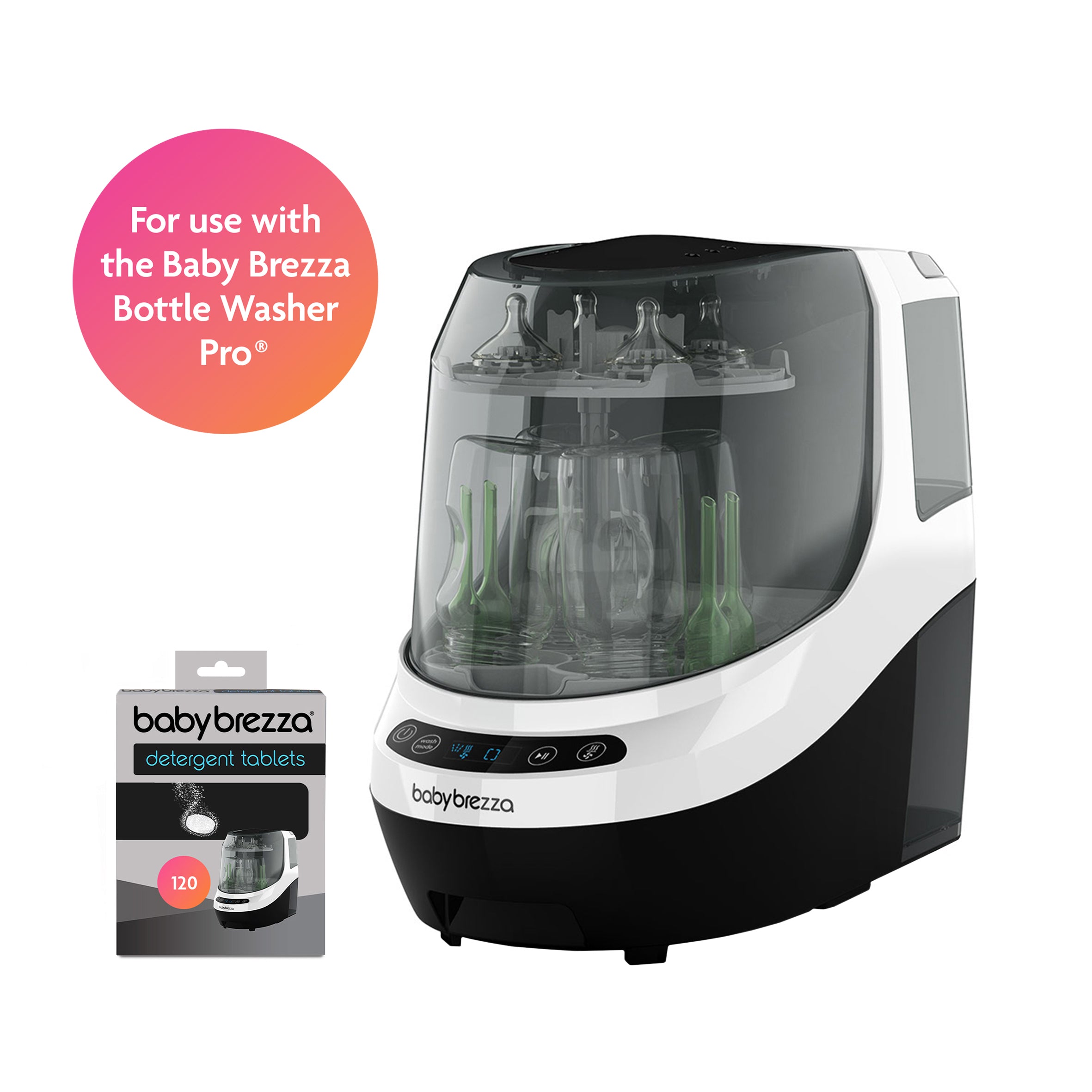 Baby Brezza UK Detergent Tablets for Bottle Washer Pro® (120 Tablets) shown with baby bottles inside the Bottle Washer Pro. A pink circle notes: For use with the Bottle Washer Pro® for effortless, baby-safe cleaning every time. - product thumbnail