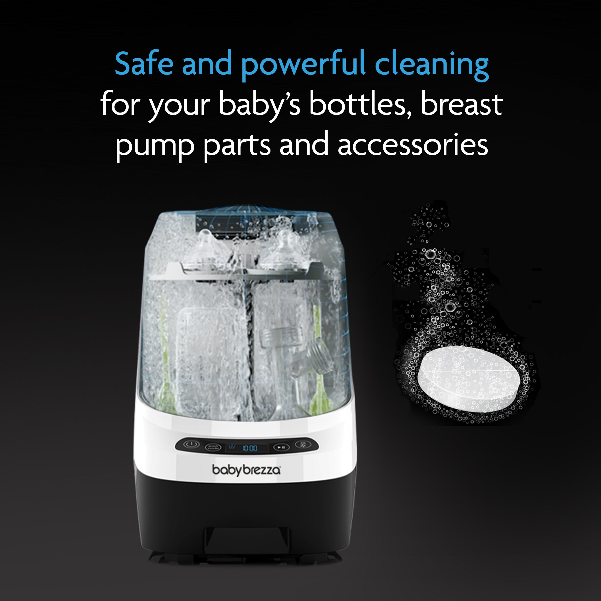 Baby Brezza UK Detergent Tablets for Bottle Washer Pro® (120 Tablets) are shown cleaning bottles, breast pump parts, and accessories with baby-safe cleaning action. - product thumbnail