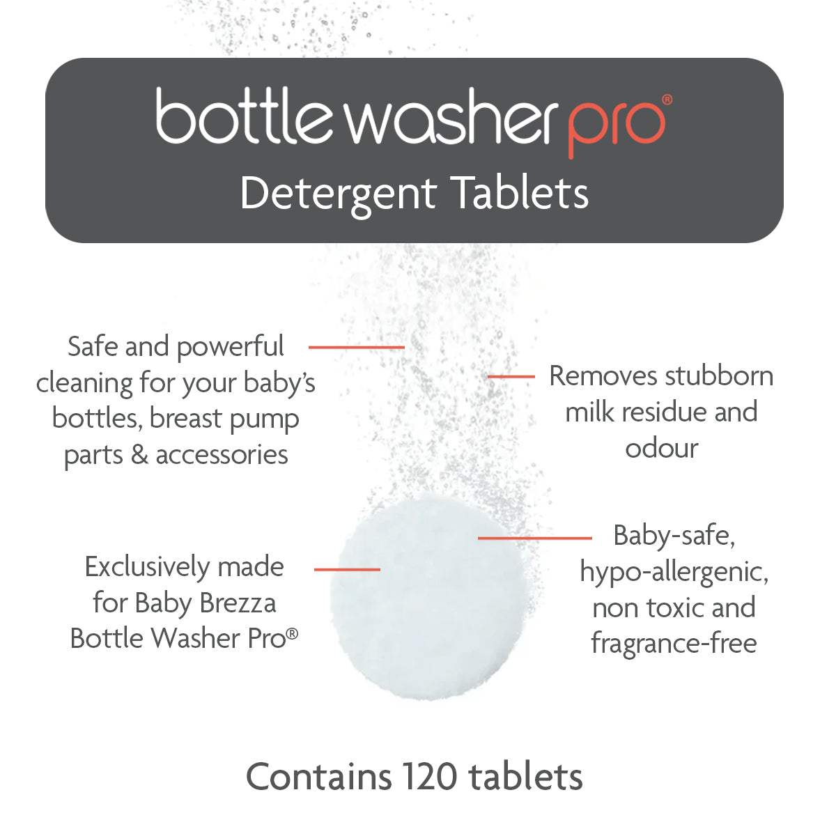 Image of Baby Brezza UK BUNDLE: Bottle Washer Pro + Detergent Tablets (120pcs) in white and black—designed for bottle washer, steriliser & dryer; hypoallergenic, non-toxic, fragrance-free cleaning for baby items. - product thumbnail