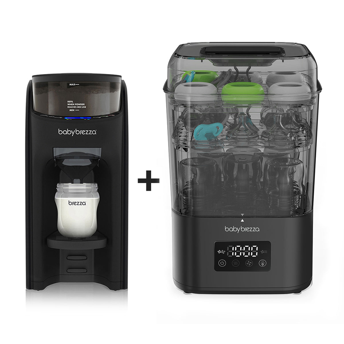The Baby Brezza UK BUNDLE Formula Pro Advanced and SuperQuick Steriliser in all black are displayed side by side, with bottles and accessories in the steriliser and a plus sign between the two products. - product thumbnail