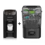 The Baby Brezza UK BUNDLE Formula Pro Advanced and SuperQuick Steriliser in all black are displayed side by side, with bottles and accessories in the steriliser and a plus sign between the two products. - product thumbnail