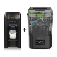The Baby Brezza UK BUNDLE Formula Pro Advanced and SuperQuick Steriliser in all black are displayed side by side, with bottles and accessories in the steriliser and a plus sign between the two products.