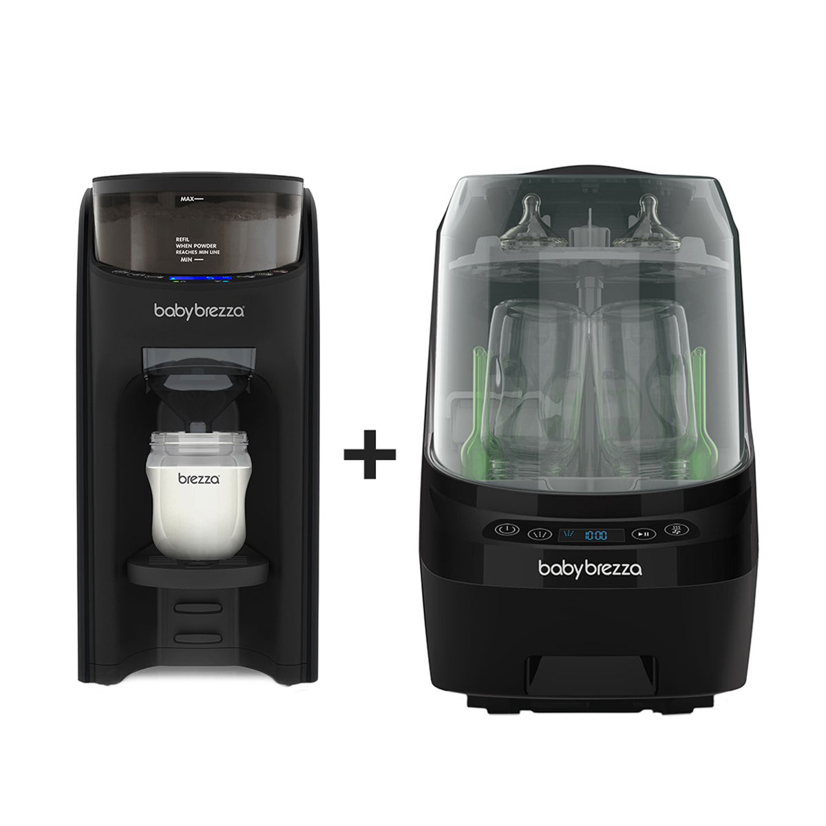 The Baby Brezza UK PERFECT BOTTLE PREP BUNDLE (Formula Pro Advanced + Bottle Washer Pro in all black) features an automatic bottle maker with a filled bottle and a bottle washer holding four bottles, displayed side by side with a plus sign. - product thumbnail