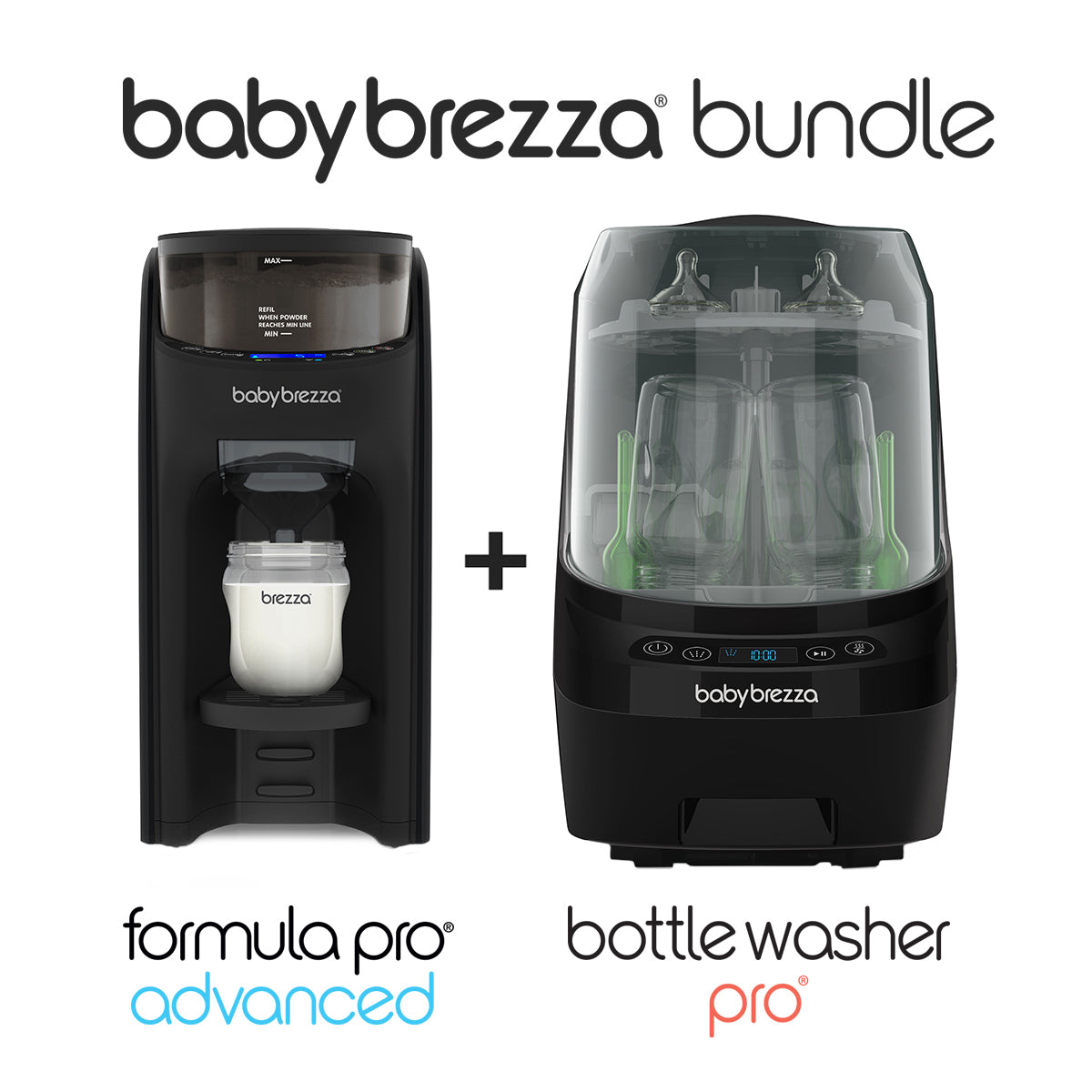 The Baby Brezza UK PERFECT BOTTLE PREP BUNDLE: Formula Pro Advanced + Bottle Washer Pro - All Black displays the automatic bottle maker on the left, the washer on the right, and a plus sign between product names. - product thumbnail