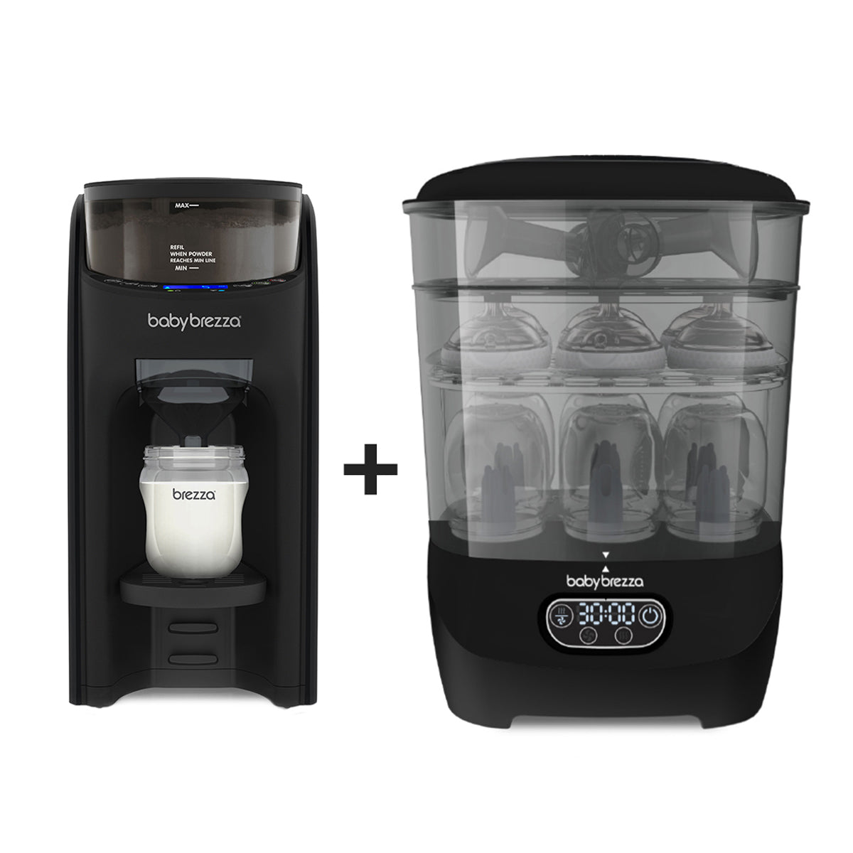 The Baby Brezza UK BESTSELLER BUNDLE includes the all-black Formula Pro Advanced automatic formula maker and Steriliser Dryer Advanced, shown side by side with a plus sign between them. - product thumbnail