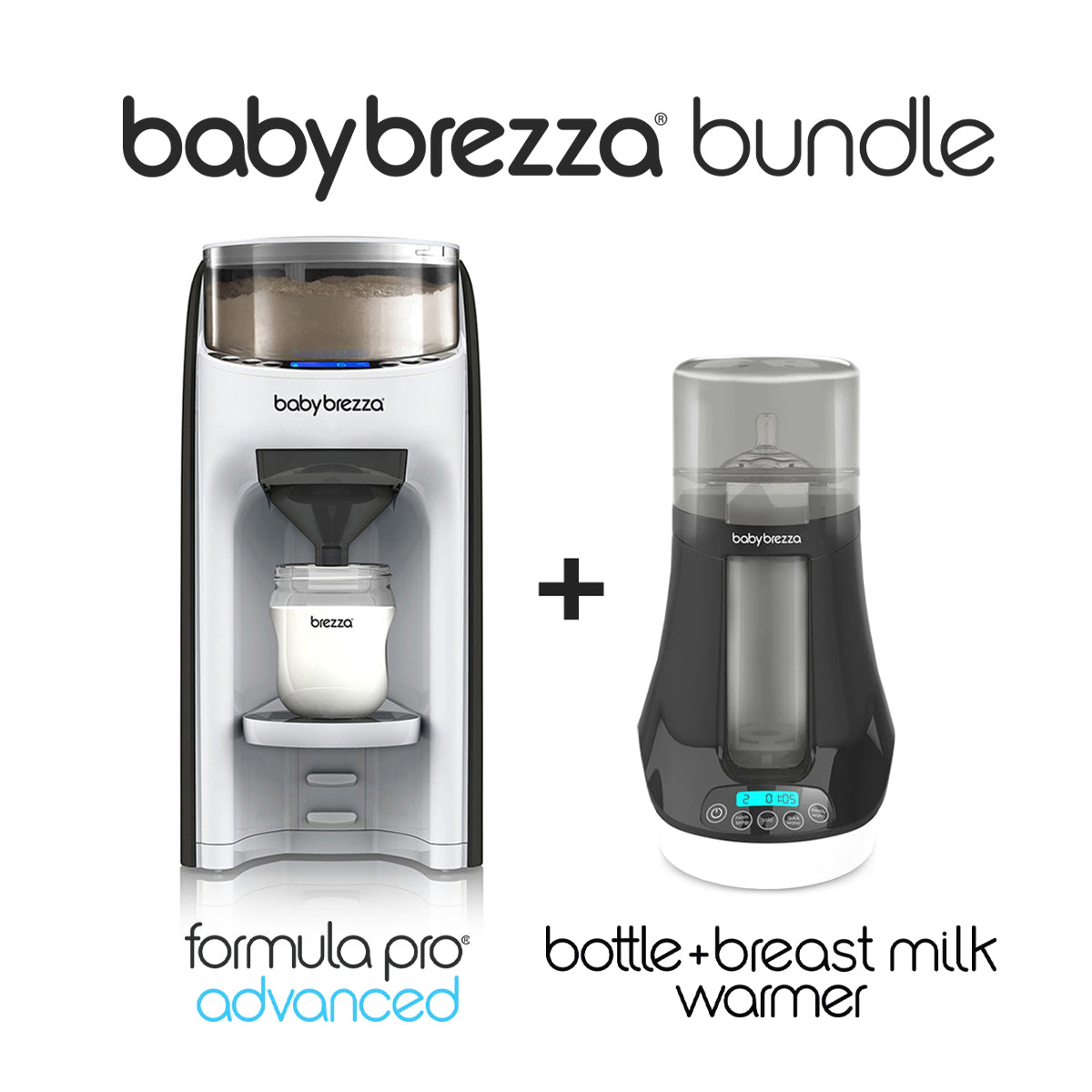Image of the Baby Brezza UK COMBI-FEEDING BUNDLE showing the Formula Pro Advanced on the left and the Bottle & Breastmilk Warmer on the right, with text labels for each product. - product thumbnail