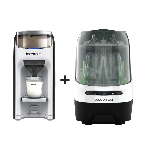 A Baby Brezza formula dispenser next to a Baby Brezza bottle sterilizer, with a plus sign in between, on a white background.