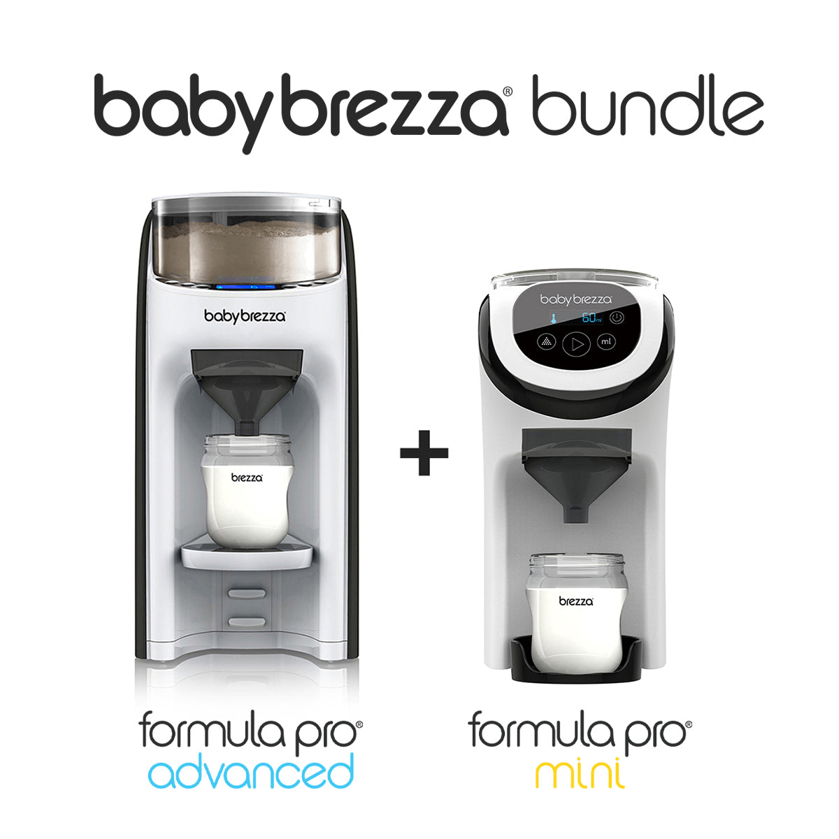Image shows the MINI ME BUNDLE by Baby Brezza UK: Formula Pro Advanced on the left, Formula Pro Mini on the right, a plus sign in between, and “babybrezza bundle” above. - product thumbnail