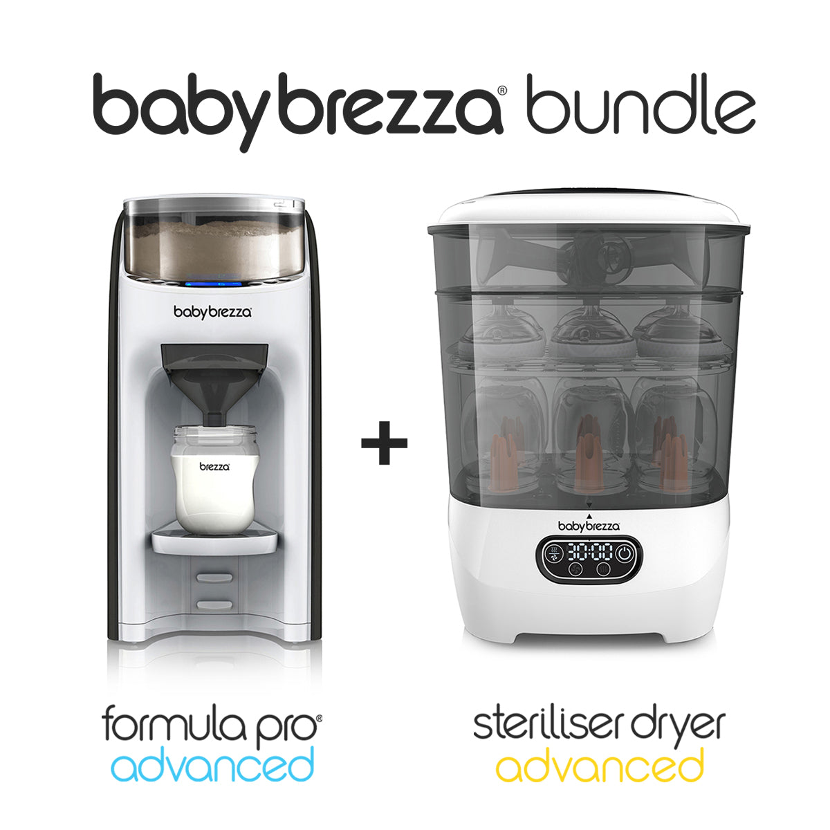 Baby Brezza UK BESTSELLER BUNDLE: Formula Pro Advanced on the left and Steriliser Dryer Advanced with bottles on the right, displayed on a white background with product names below. - product thumbnail