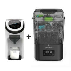 The Baby Brezza UK BUNDLE includes the Formula Pro Mini in white and the SuperQuick Steriliser in black, both with digital displays and modern designs, perfect for preparing bottles and sterilising accessories efficiently.