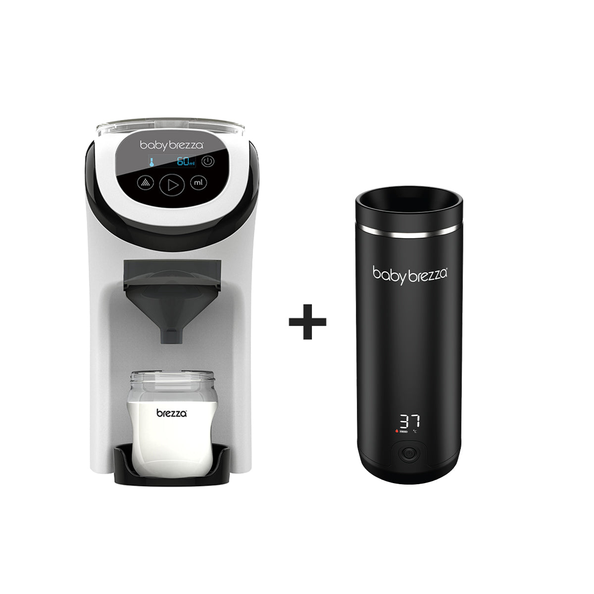 The Baby Brezza UK ALWAYS READY BUNDLE features the Formula Pro Mini and Superfast Portable Bottle Warmer, shown side by side with a filled bottle between them and a plus sign separating the two. - product thumbnail