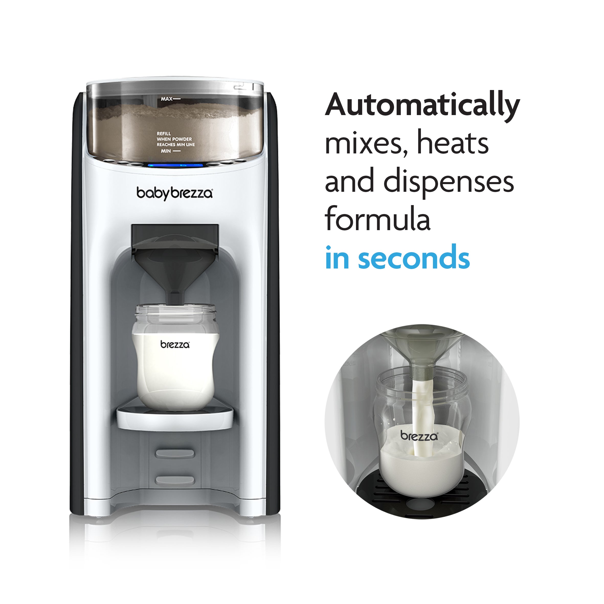 The BUNDLE: Formula Pro Advanced + Extra Funnel & Cover Set automatically mixes, heats, and dispenses formula in seconds with precise technology. Inset shows formula pouring into a bottle. Text reads: "Automatically mixes, heats and dispenses. - product thumbnail
